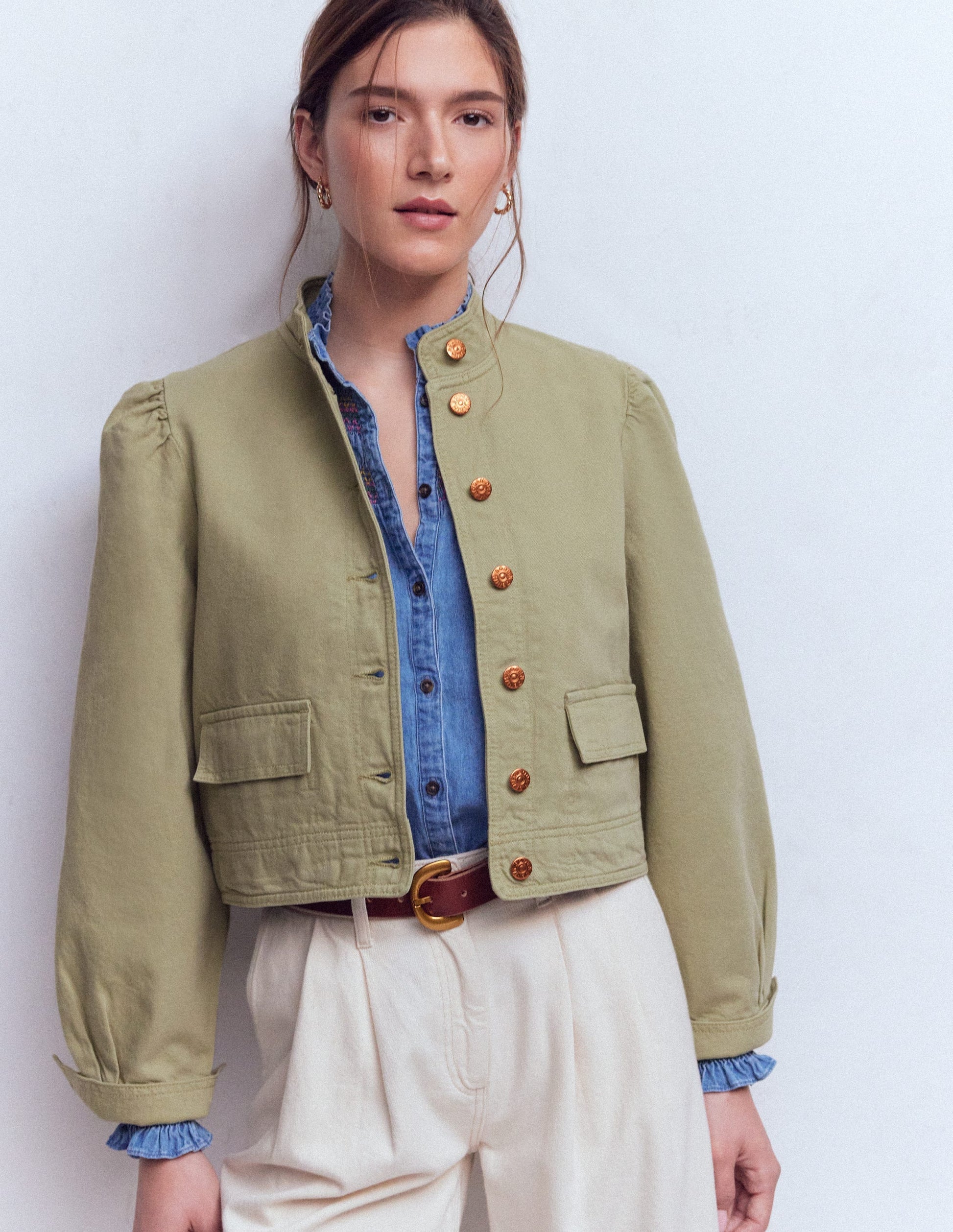 Veste en jean avec surpiqûres-Vert tendre-4