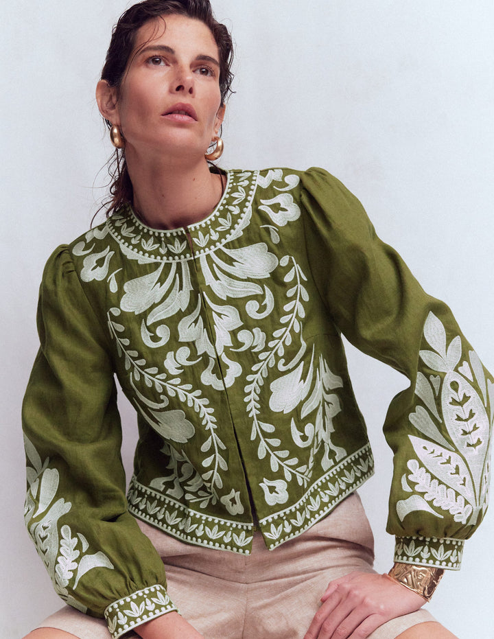 Veste brodée en lin-Vert des bois
