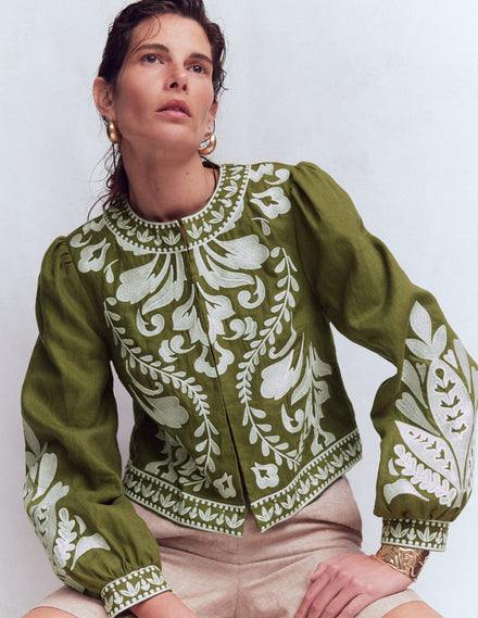 Embroidered Linen Jacket-Woodland Green
