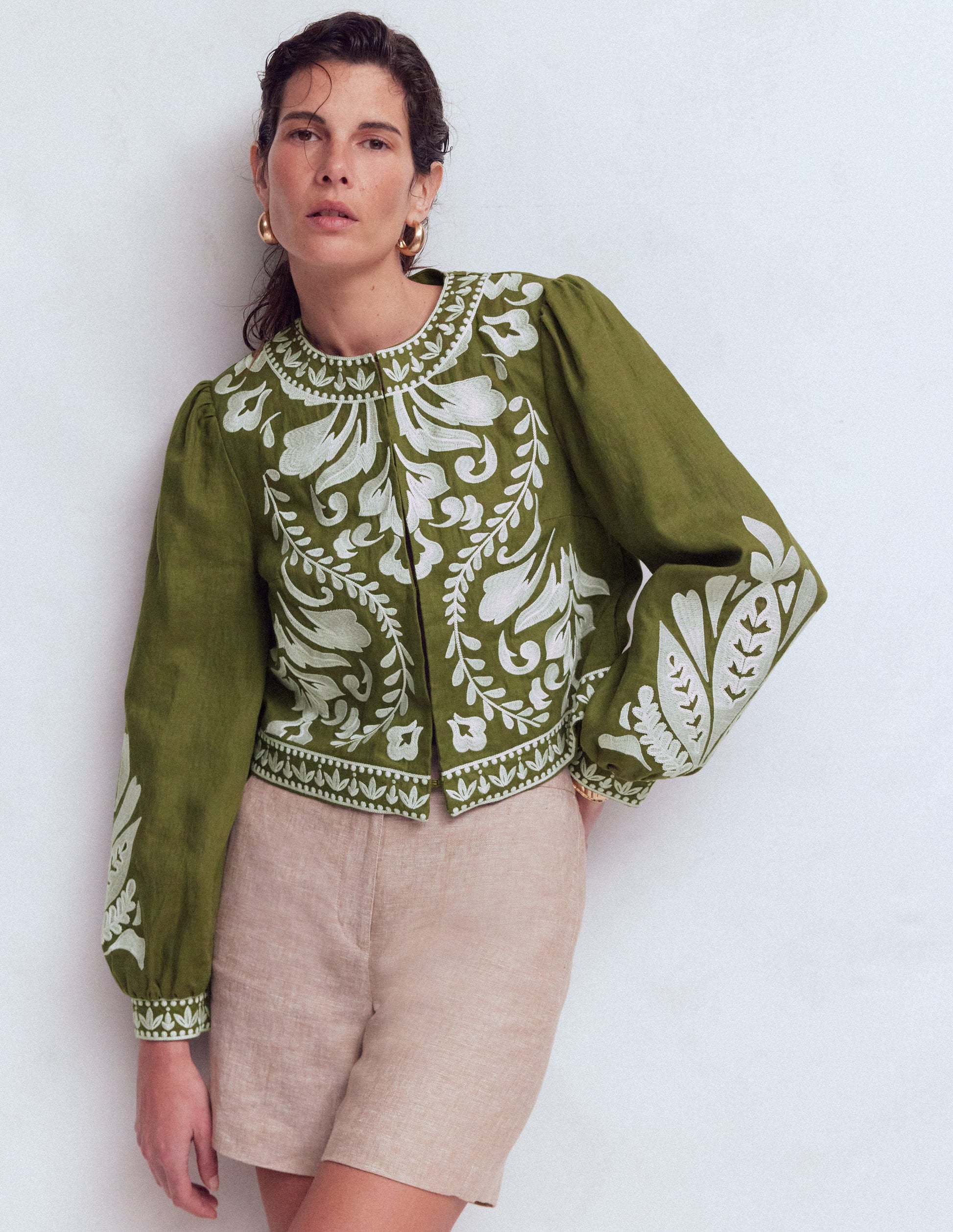 Embroidered Linen Jacket-Woodland Green-5