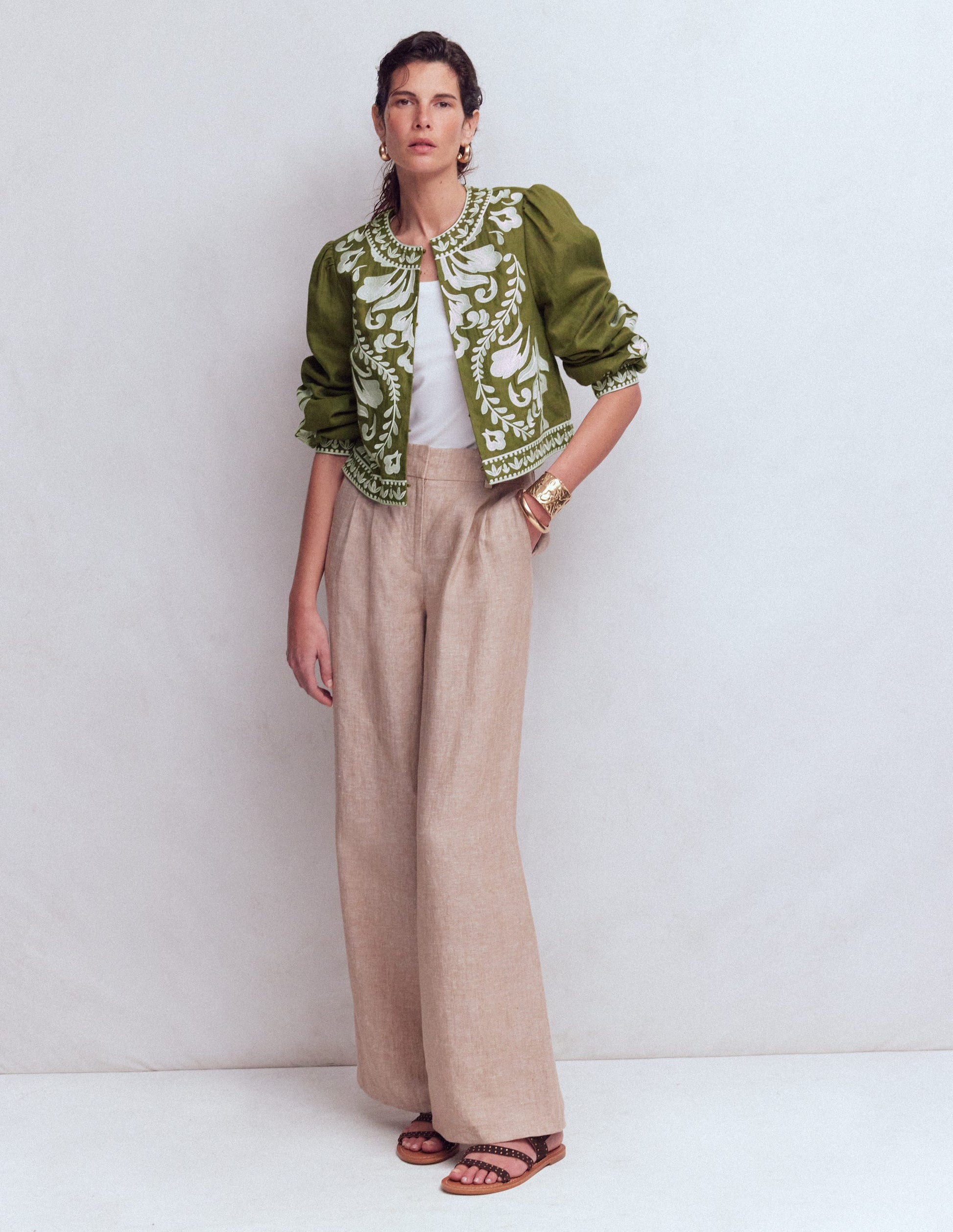 Embroidered Linen Jacket-Woodland Green-7