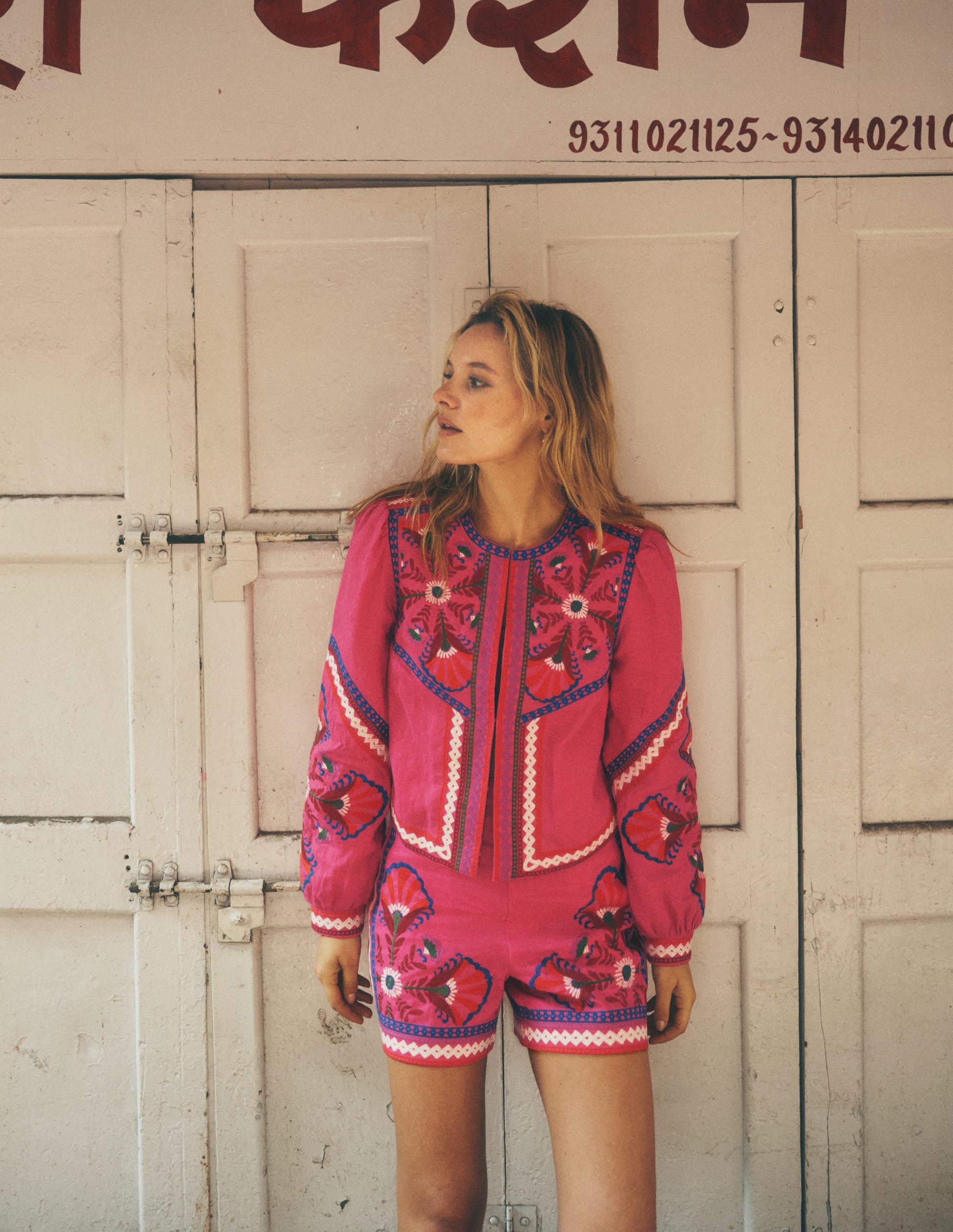 Bestickte Leinenjacke-Rosa Pfingstrose, Stickerei-6