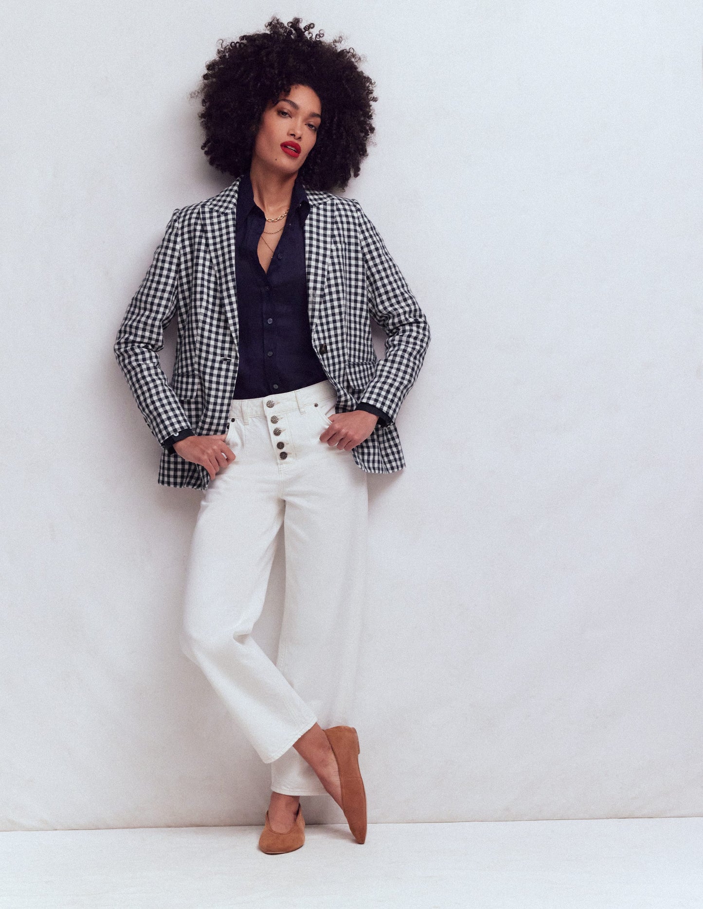 Blazer Woodbridge en lin-Vichy bleu marine et ivoire