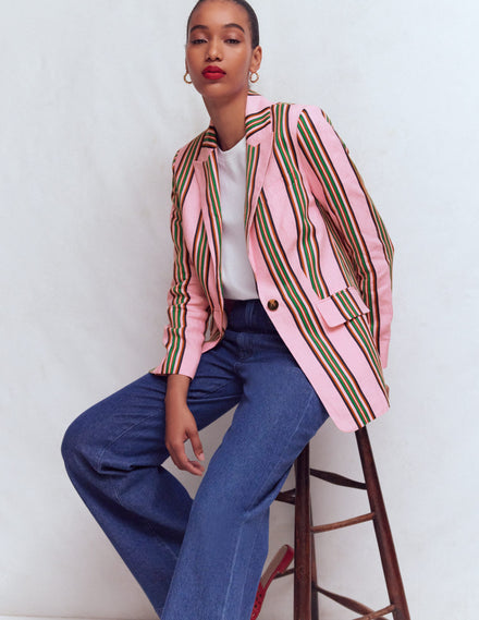 Blazer Woodbridge en lin-Rose, rayé émeraude profond