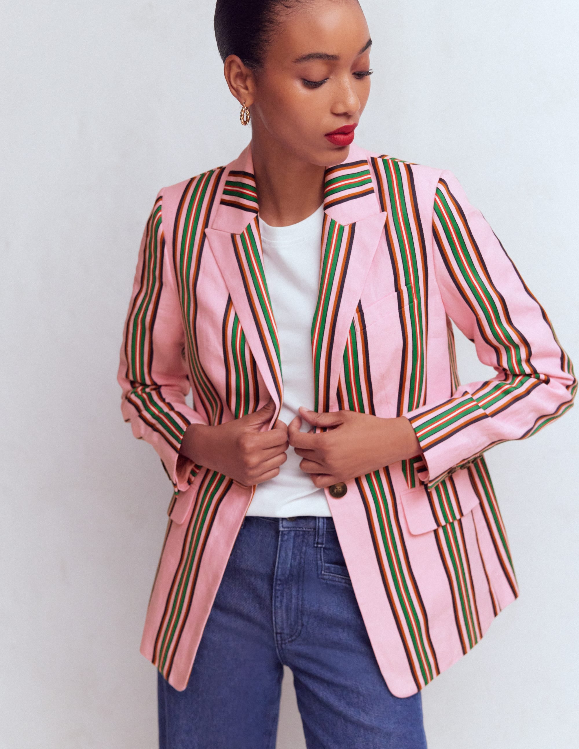 Blazer Woodbridge en lin-Rose, rayé émeraude profond - Image 4