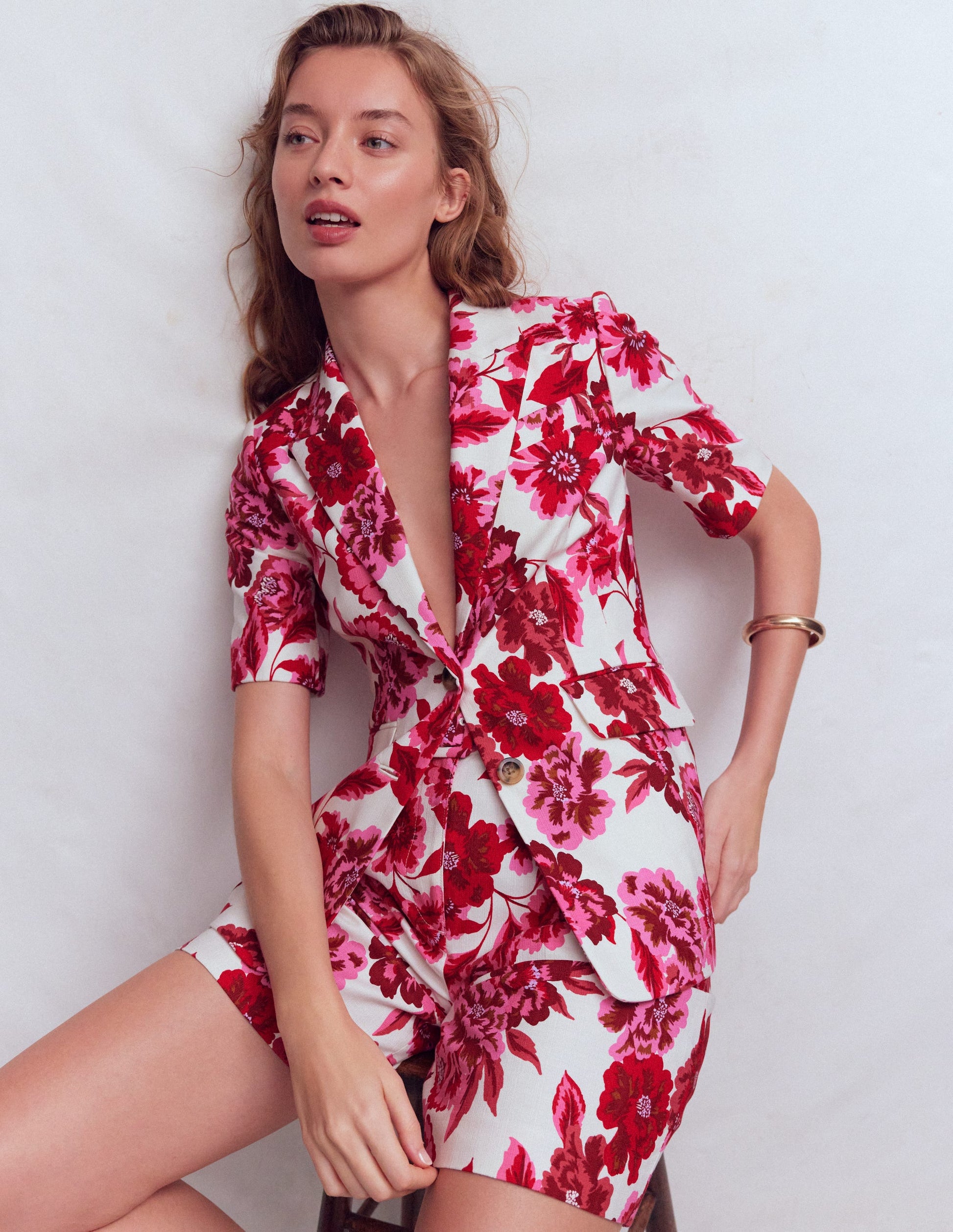 Kurzärmliger Baumwollblazer-Sangria Sunset Pink, Blumenmuster-2