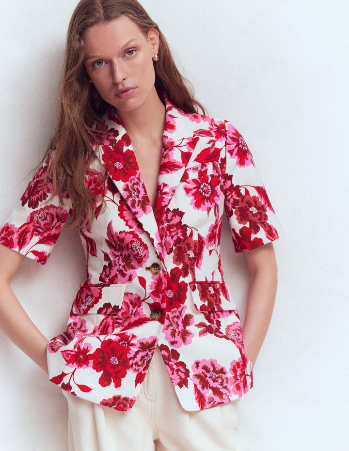 Kurzärmliger Baumwollblazer-Sangria Sunset Pink, Blumenmuster