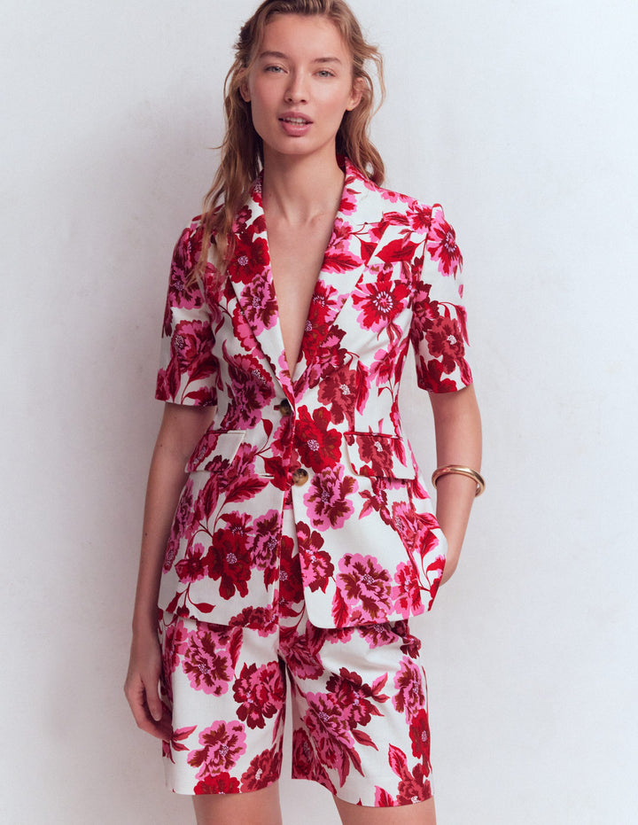 Blazer manches courtes en coton-Sangria rose, imprimé floral