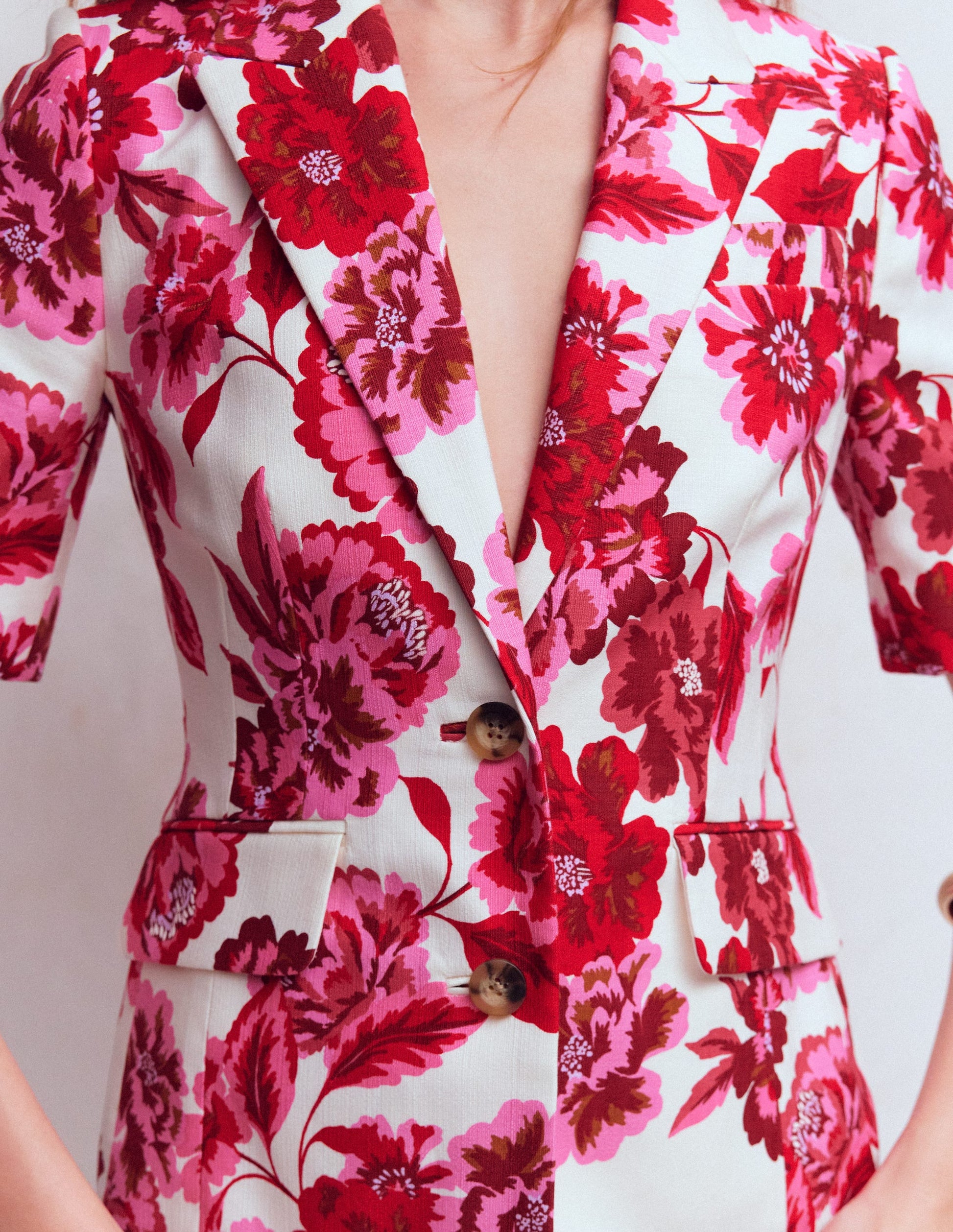 Short Sleeve Cotton Blazer-Sangria Sunset, Floral Print-2