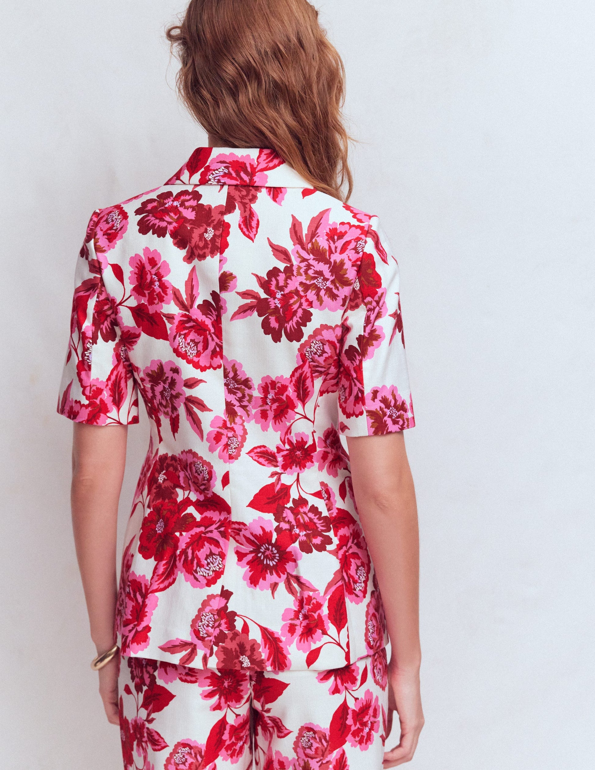Short Sleeve Cotton Blazer-Sangria Sunset, Floral Print-3