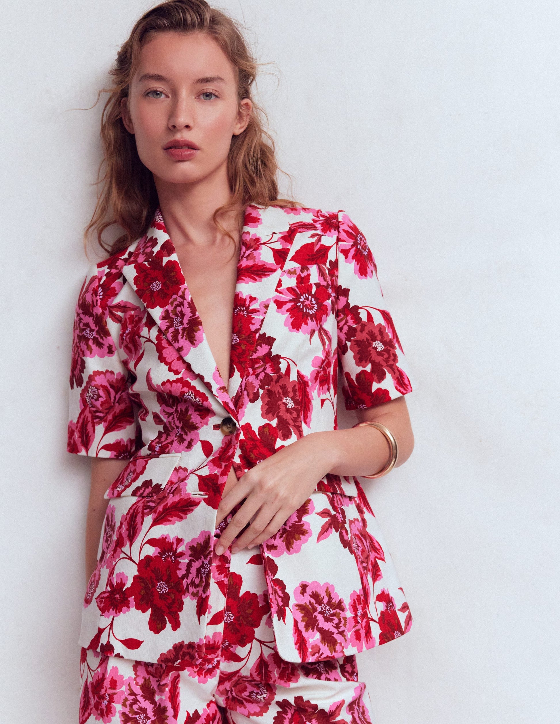 Kurzärmliger Baumwollblazer-Sangria Sunset Pink, Blumenmuster-5