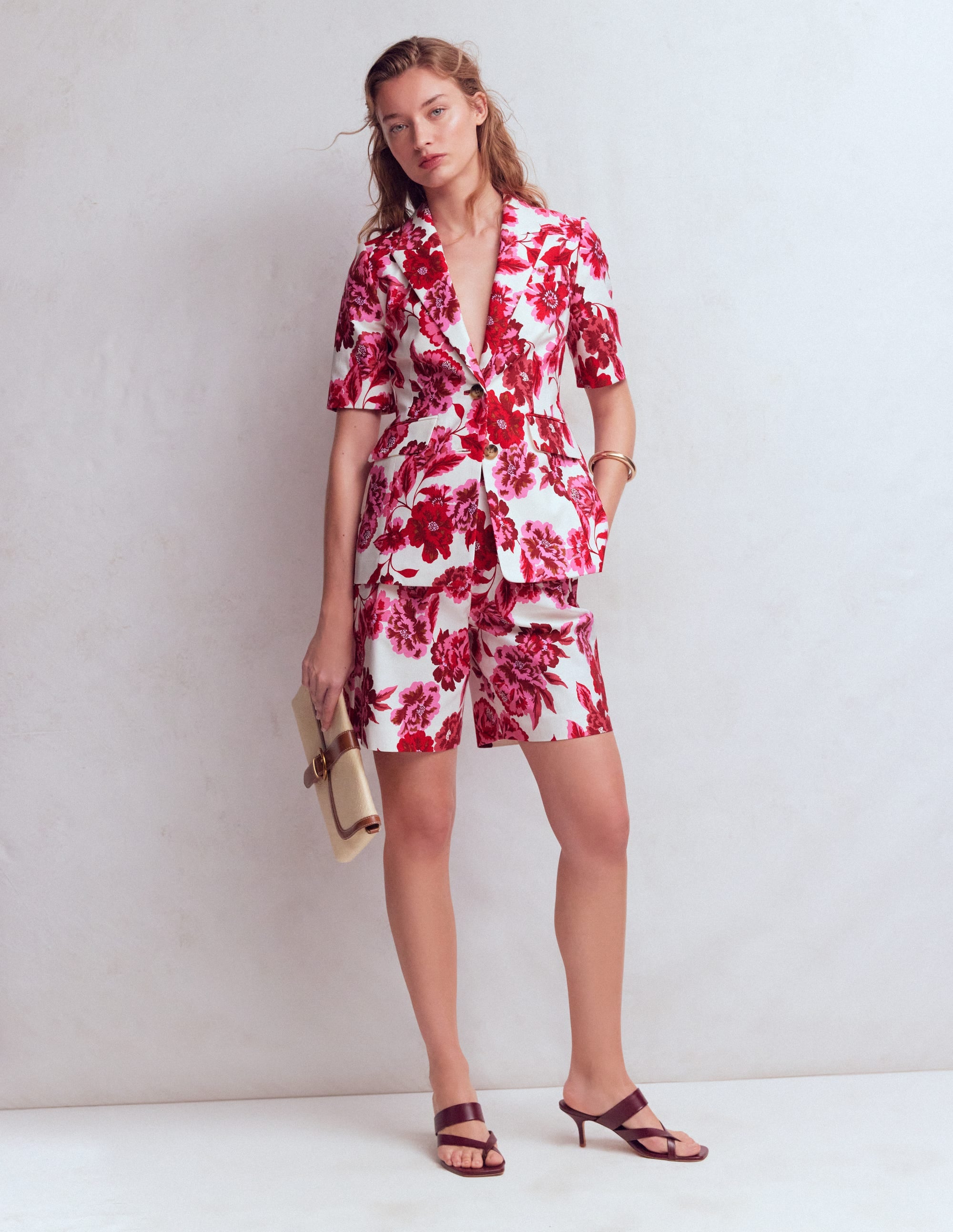 Kurzärmliger Baumwollblazer-Sangria Sunset Pink, Blumenmuster - Image 5