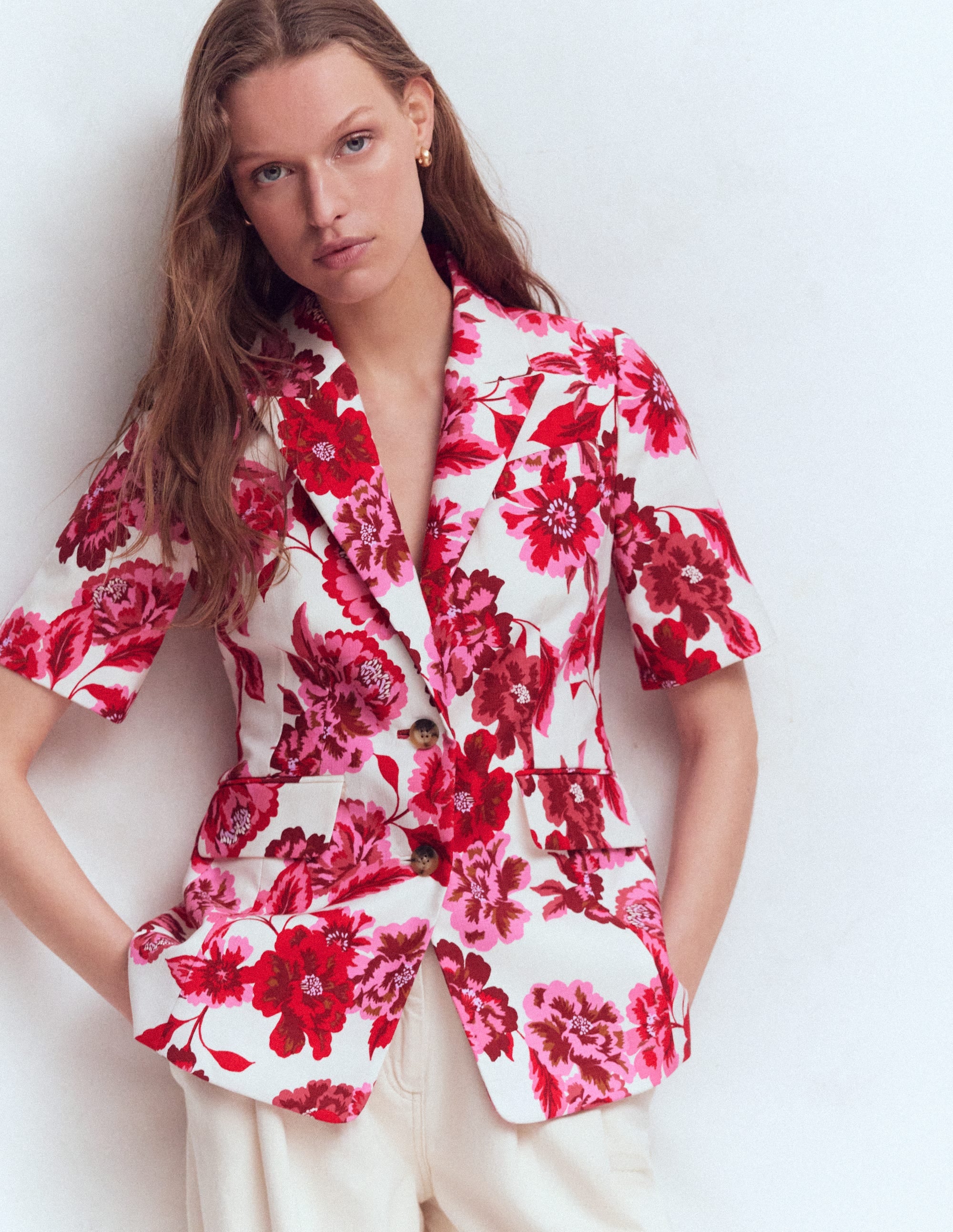 Kurzärmliger Baumwollblazer-Sangria Sunset Pink, Blumenmuster - Image 6