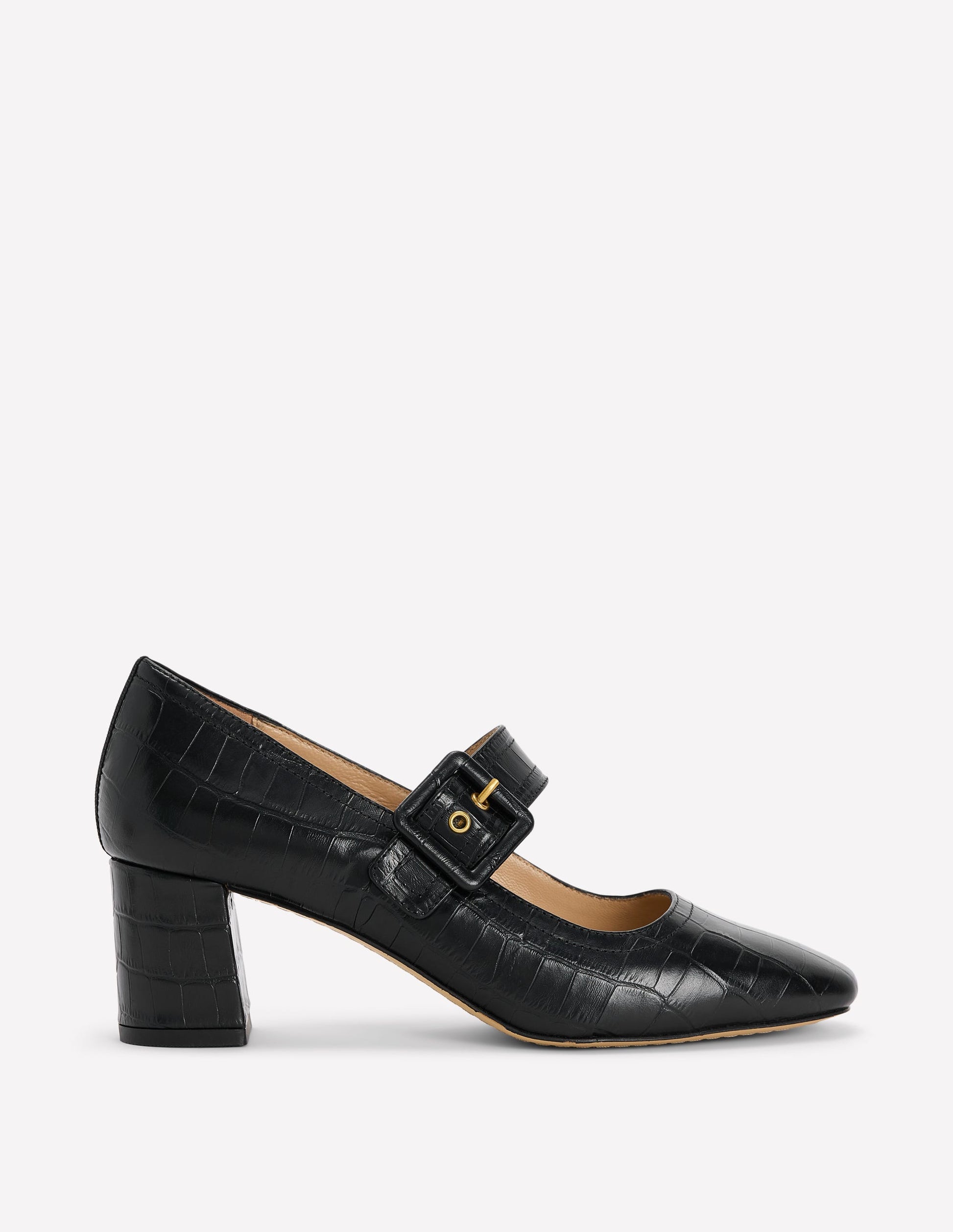 Buckle Strap Block Heels-Black Croc Embossed-1