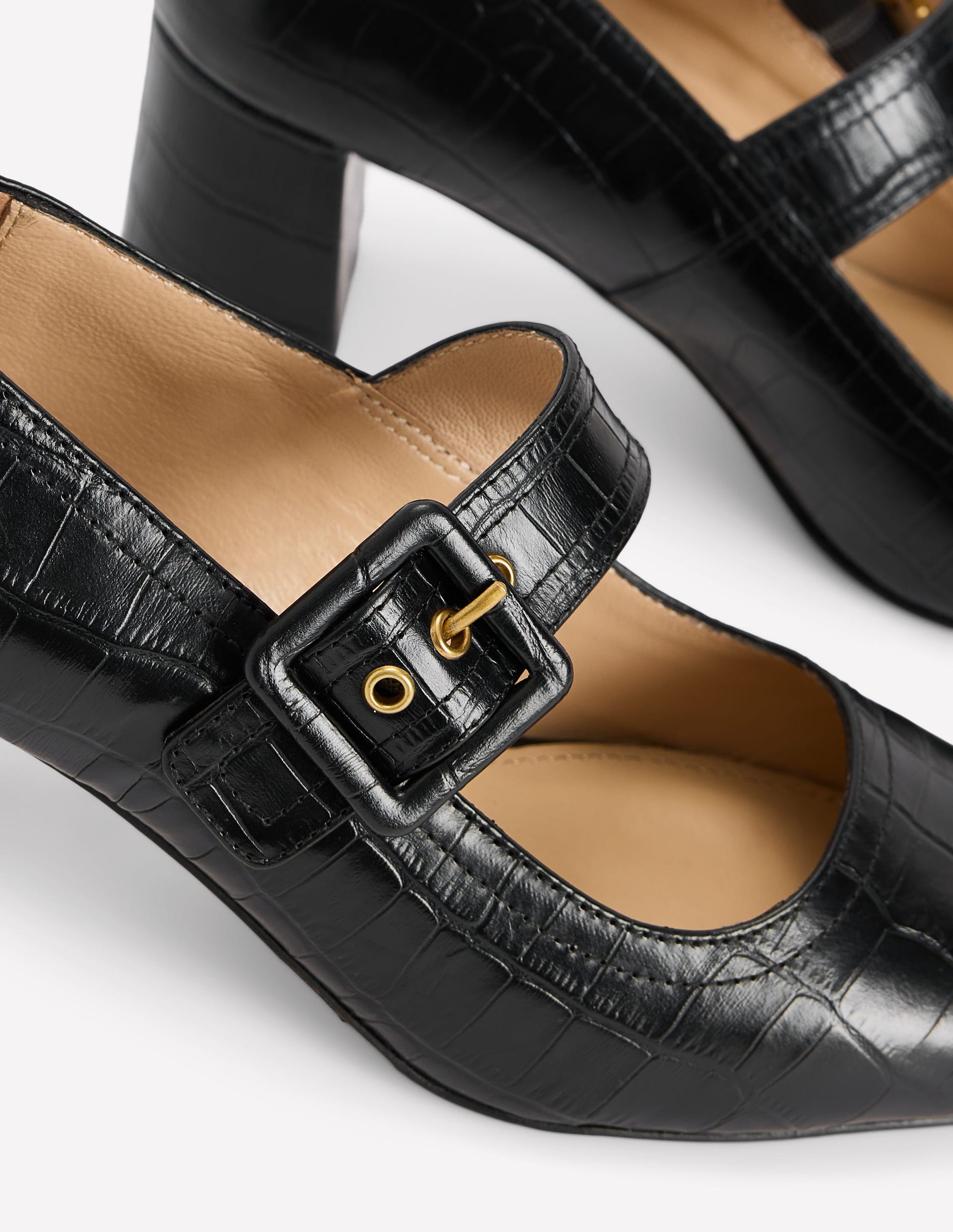 Buckle Strap Block Heels-Black Croc Embossed-4