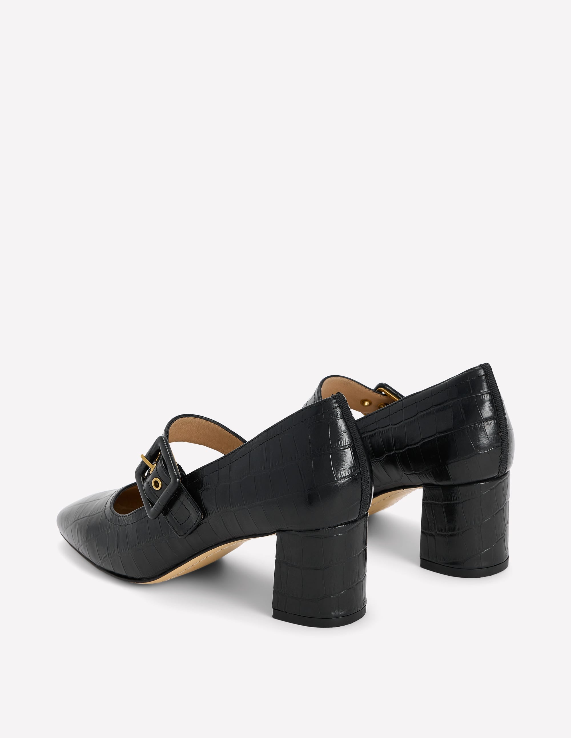 Buckle Strap Block Heels-Black Croc Embossed - Image 5