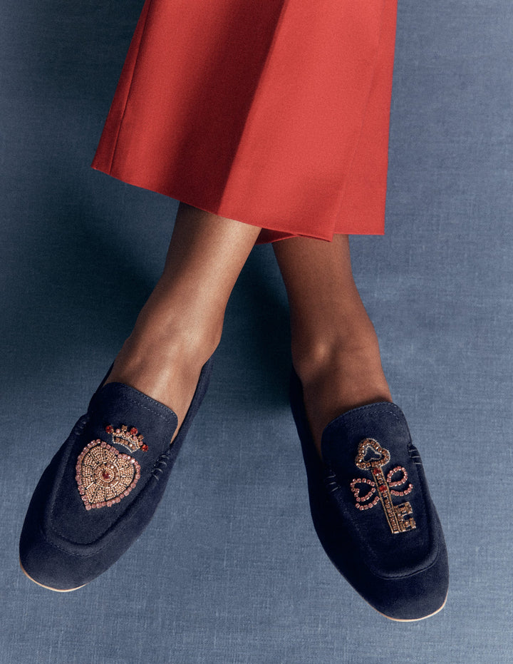 Dinah Embellished Loafers-Navy Heart and Key
