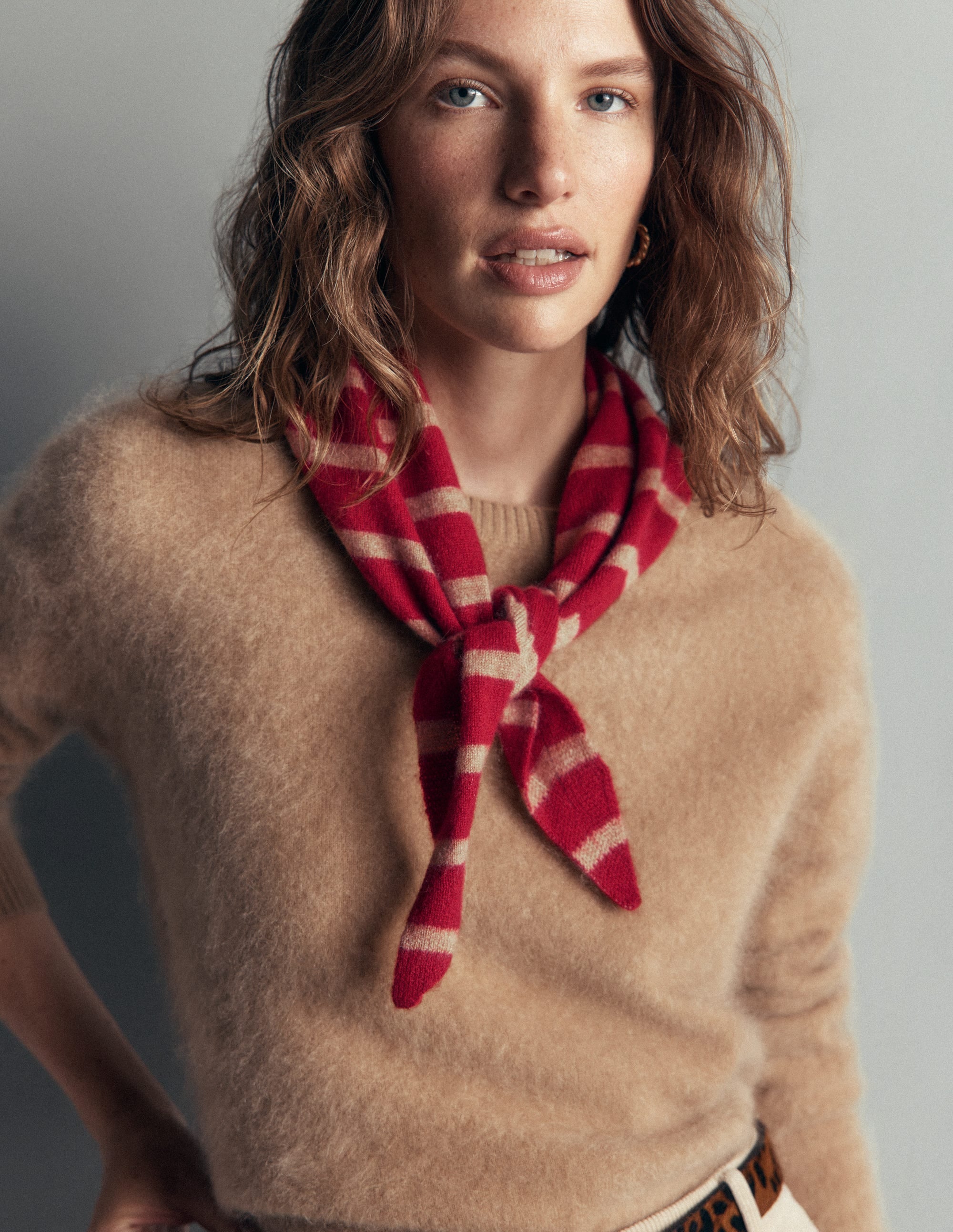 Cashmere Neckerchief-Poppy Red/ Camel Stripe - Image 2