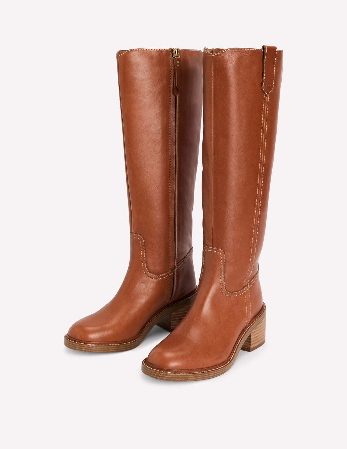 Casual Stitch Knee Boots-Tan Leather-3