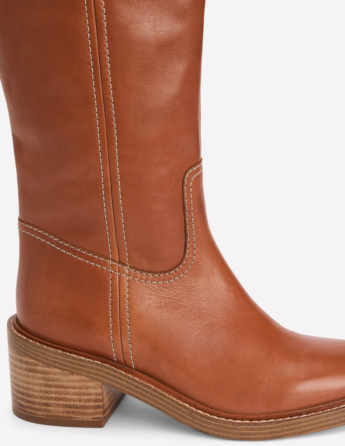 Casual Stitch Knee Boots-Tan Leather - Image 4