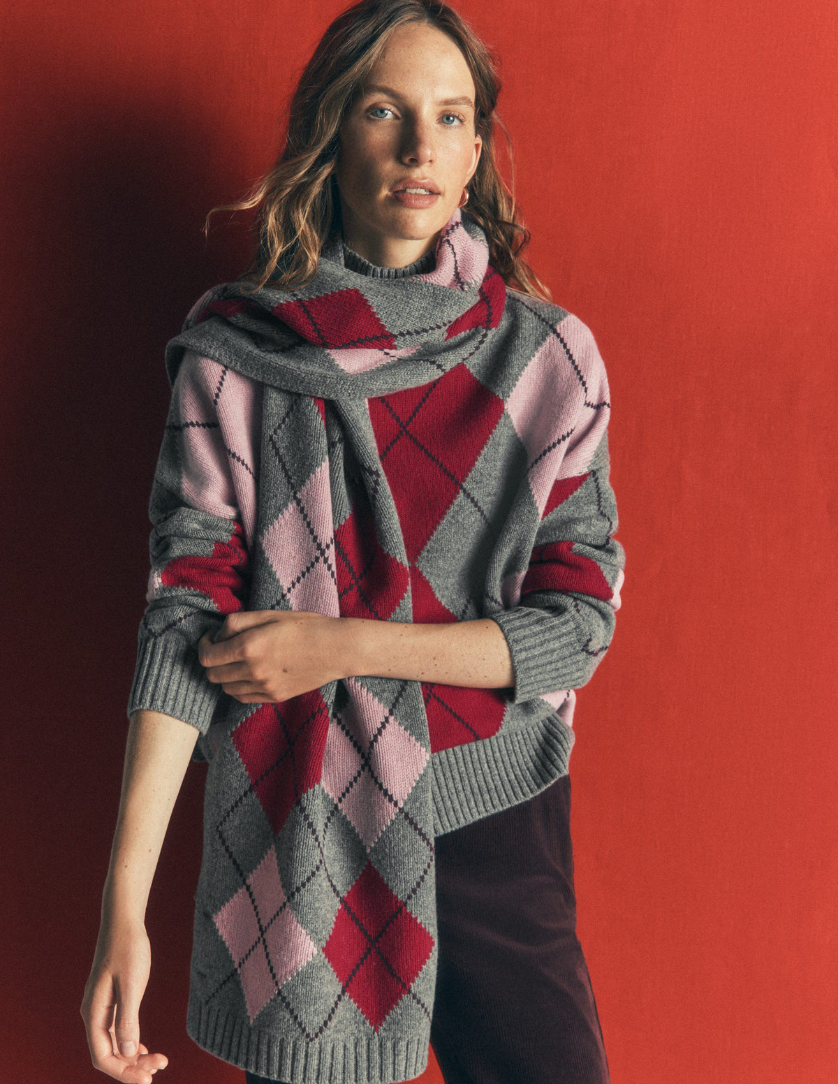 Strickschal-Anthrazit, Rot und Rosa Argyle - Image 2