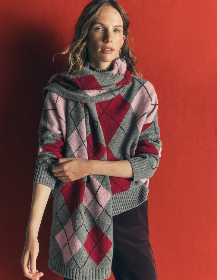 Strickschal-Anthrazit, Rot und Rosa Argyle