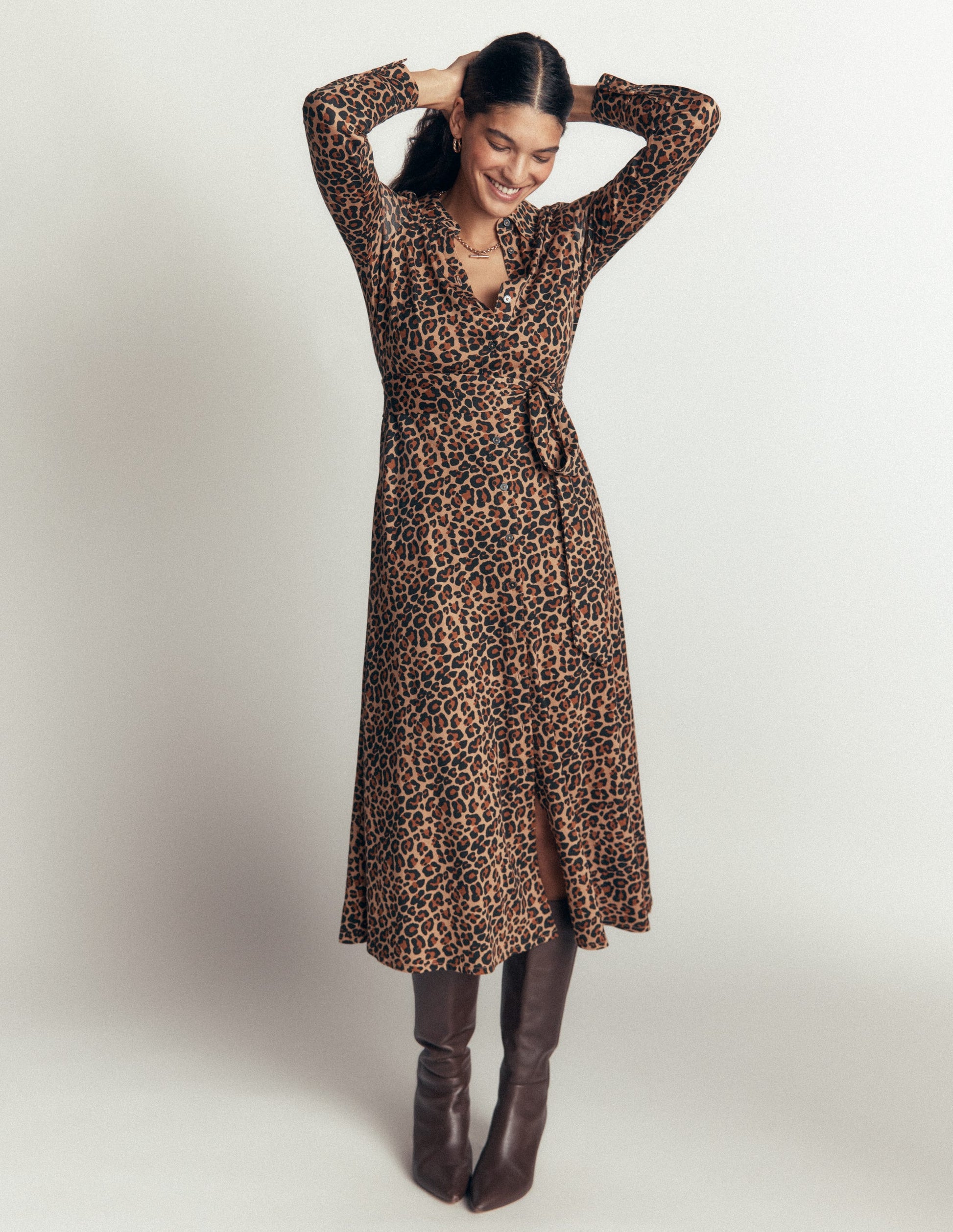 Marcia Jersey-Hemdblusenkleid-Camel, Leopardenmuster-1