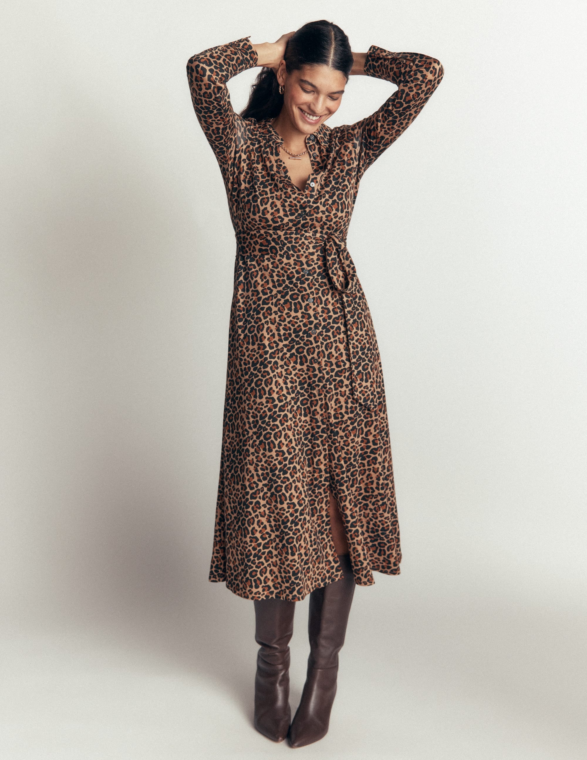 Marcia Jersey-Hemdblusenkleid-Camel, Leopardenmuster - Image 1