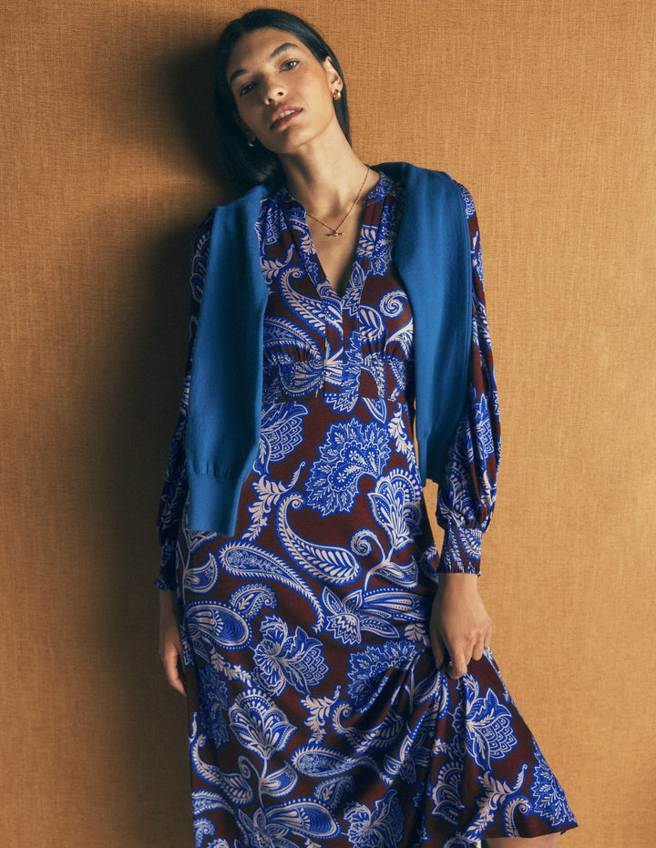 Robe midi Georgia en jersey-Terre d’ombre, motif Paisley Bouquet