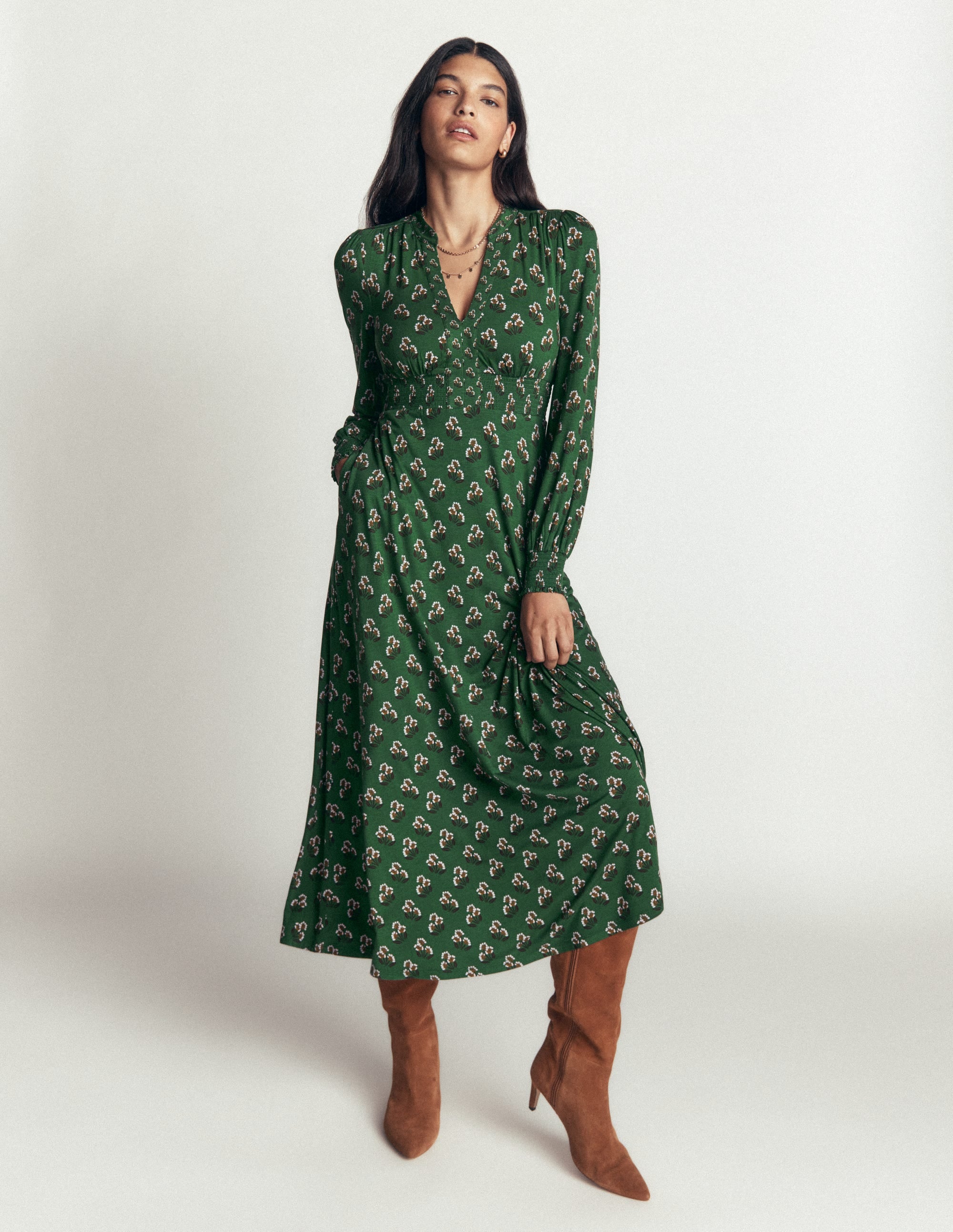 Georgia Jersey-Midikleid-Dunkelgrün, Kleines Nelkenmuster - Image 1