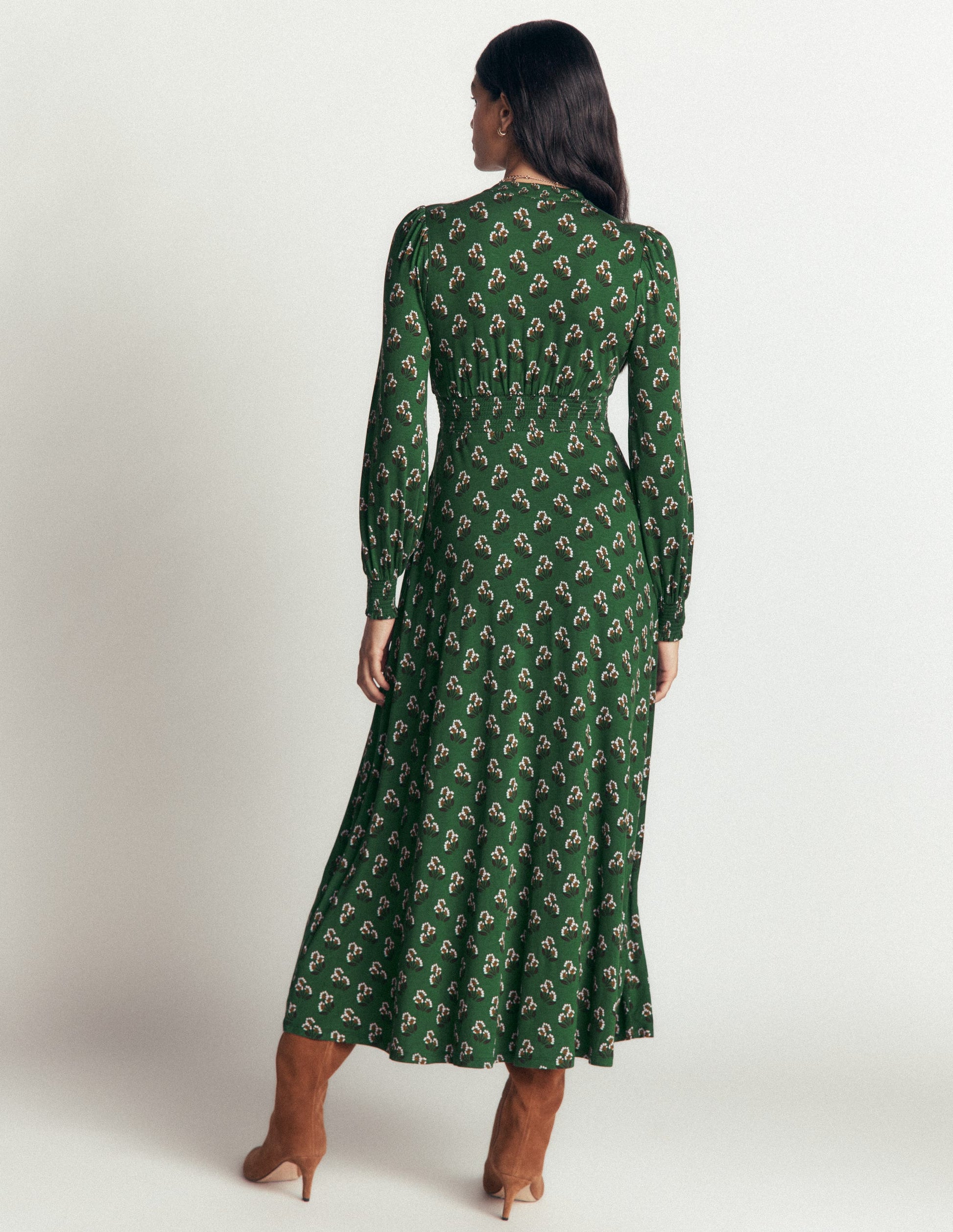 Georgia Jersey-Midikleid-Dunkelgrün, Kleines Nelkenmuster-3