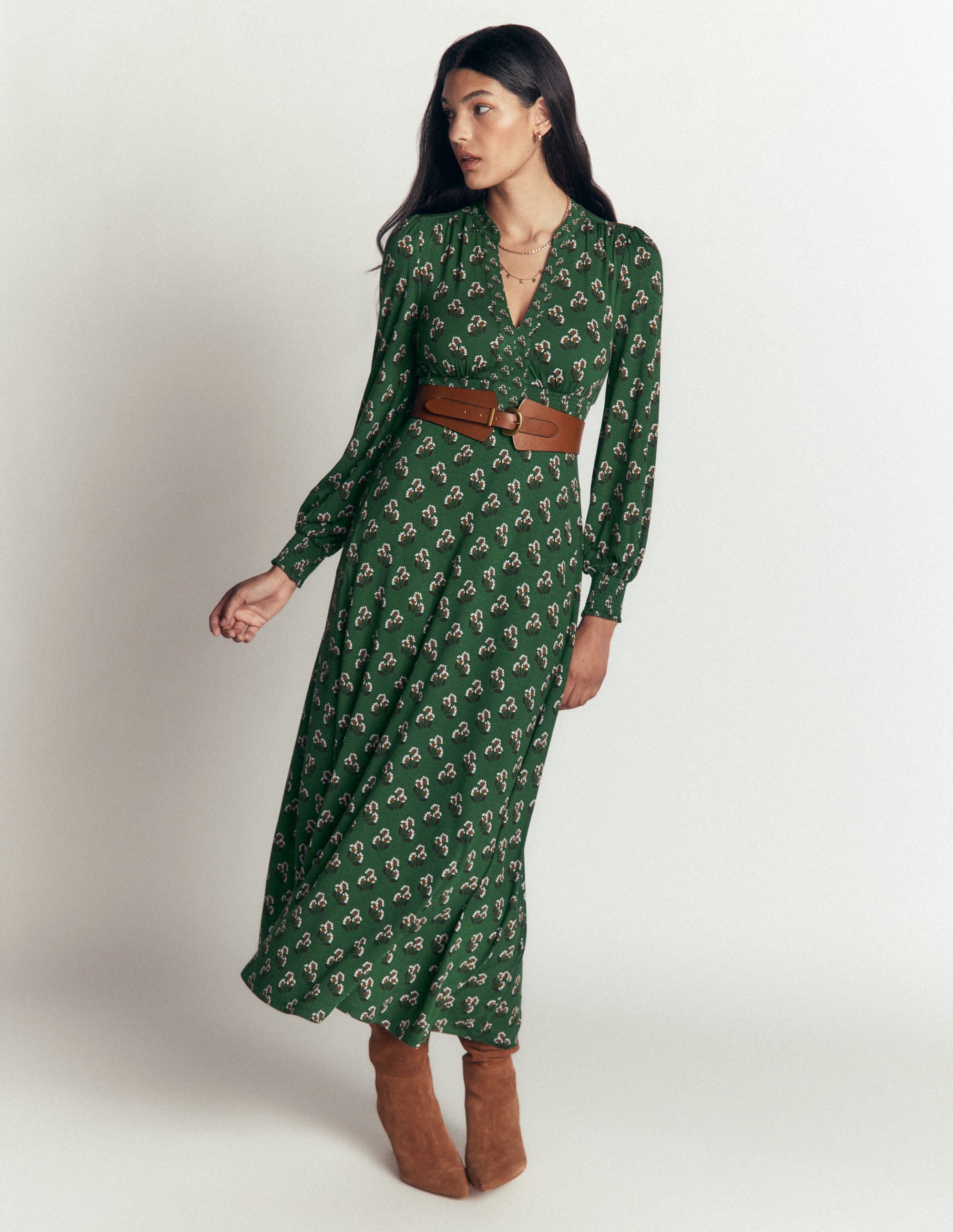 Georgia Jersey-Midikleid-Dunkelgrün, Kleines Nelkenmuster - Image 4