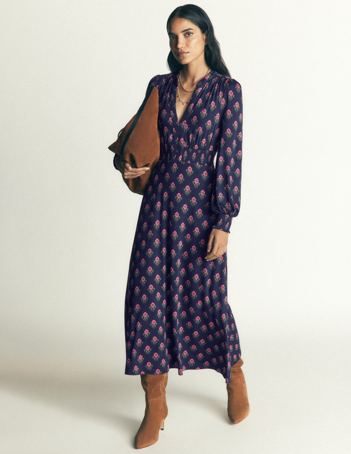 Georgia Jersey Midi Dress-Navy, Flourishing Sprig Stamp-5