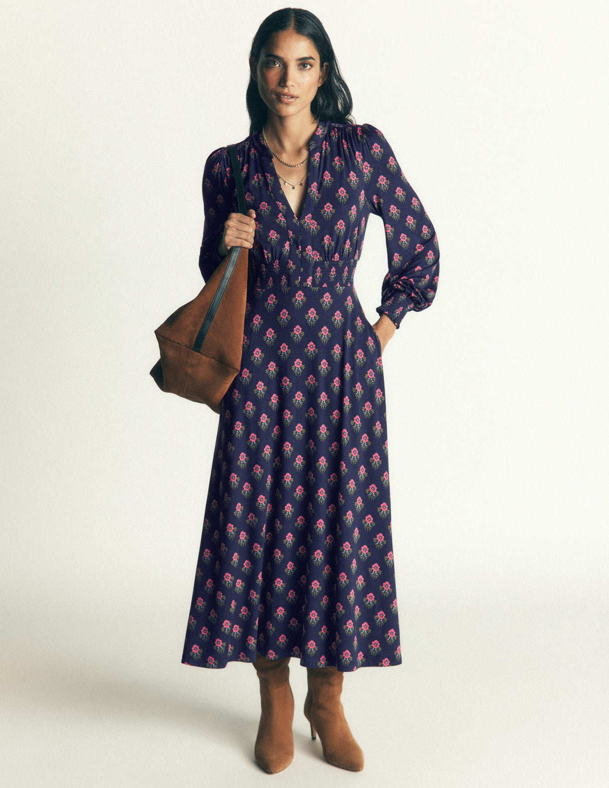 Georgia Jersey Midi Dress-Navy, Flourishing Sprig Stamp-7