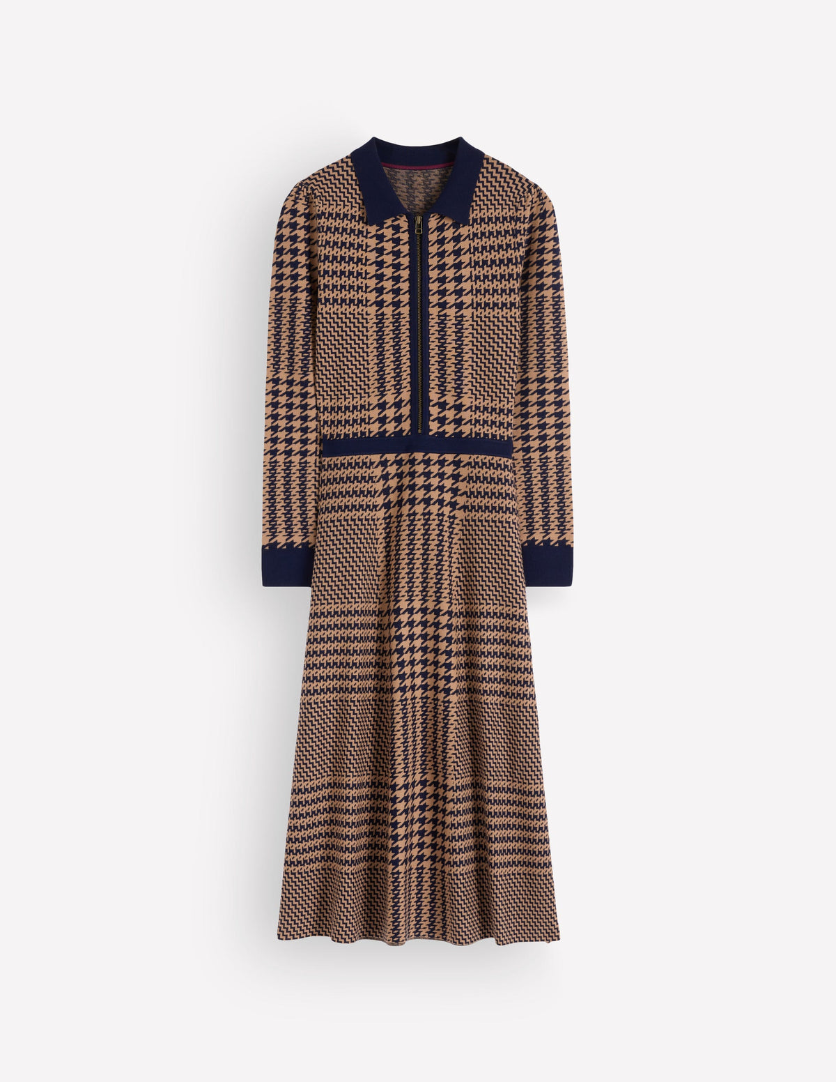 Robe Fiona zippée sur le devant en maille-Carreaux camel et bleu marine-8
