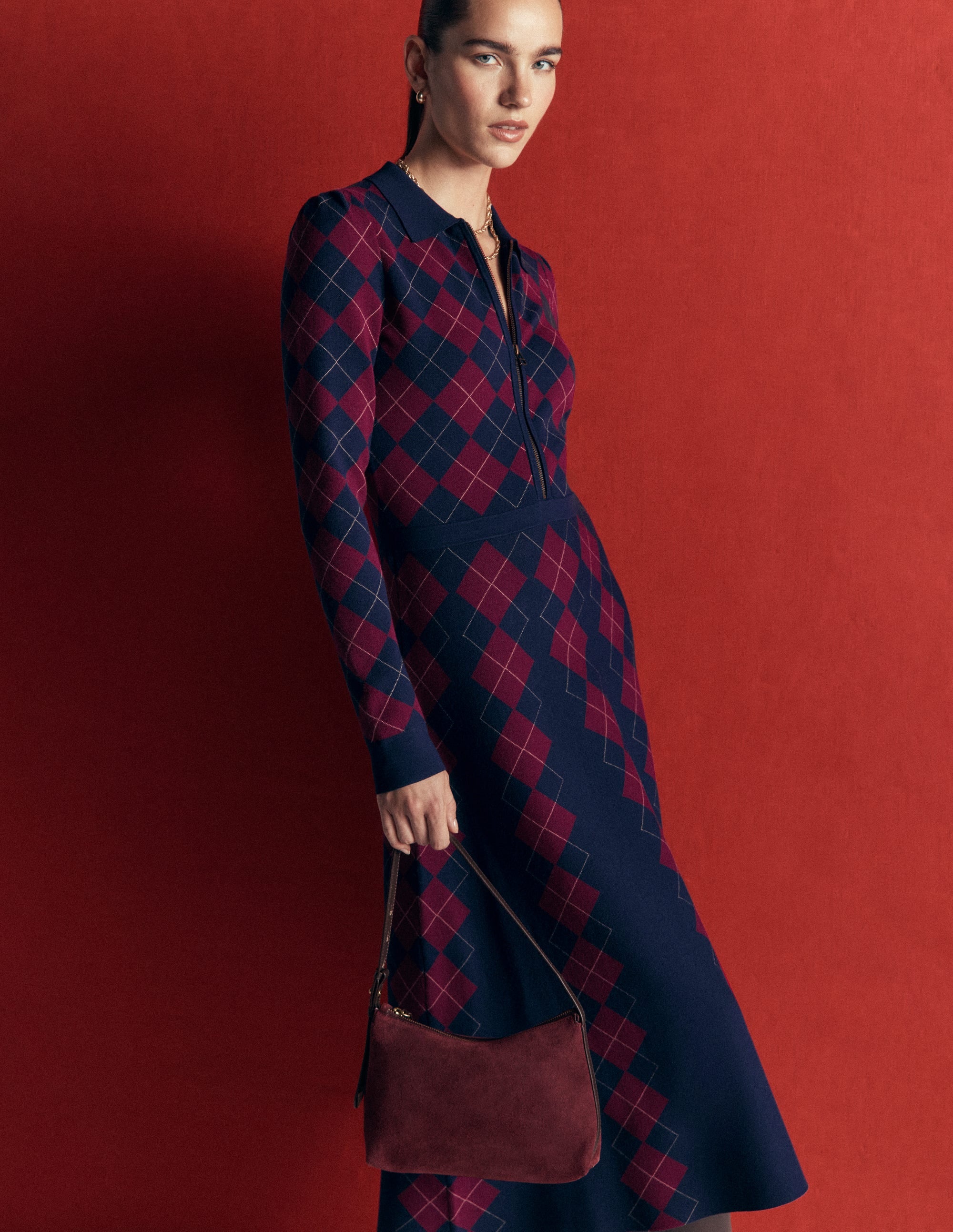 Fiona Strickkleid mit Reißverschluss vorn-Marineblau und Kastanienbraun Argyle - Image 2