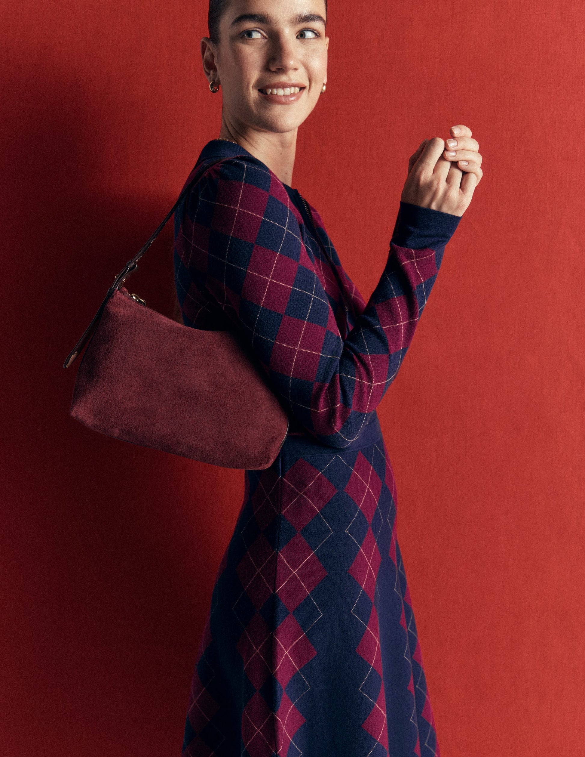 Fiona Strickkleid mit Reißverschluss vorn-Marineblau und Kastanienbraun Argyle-3