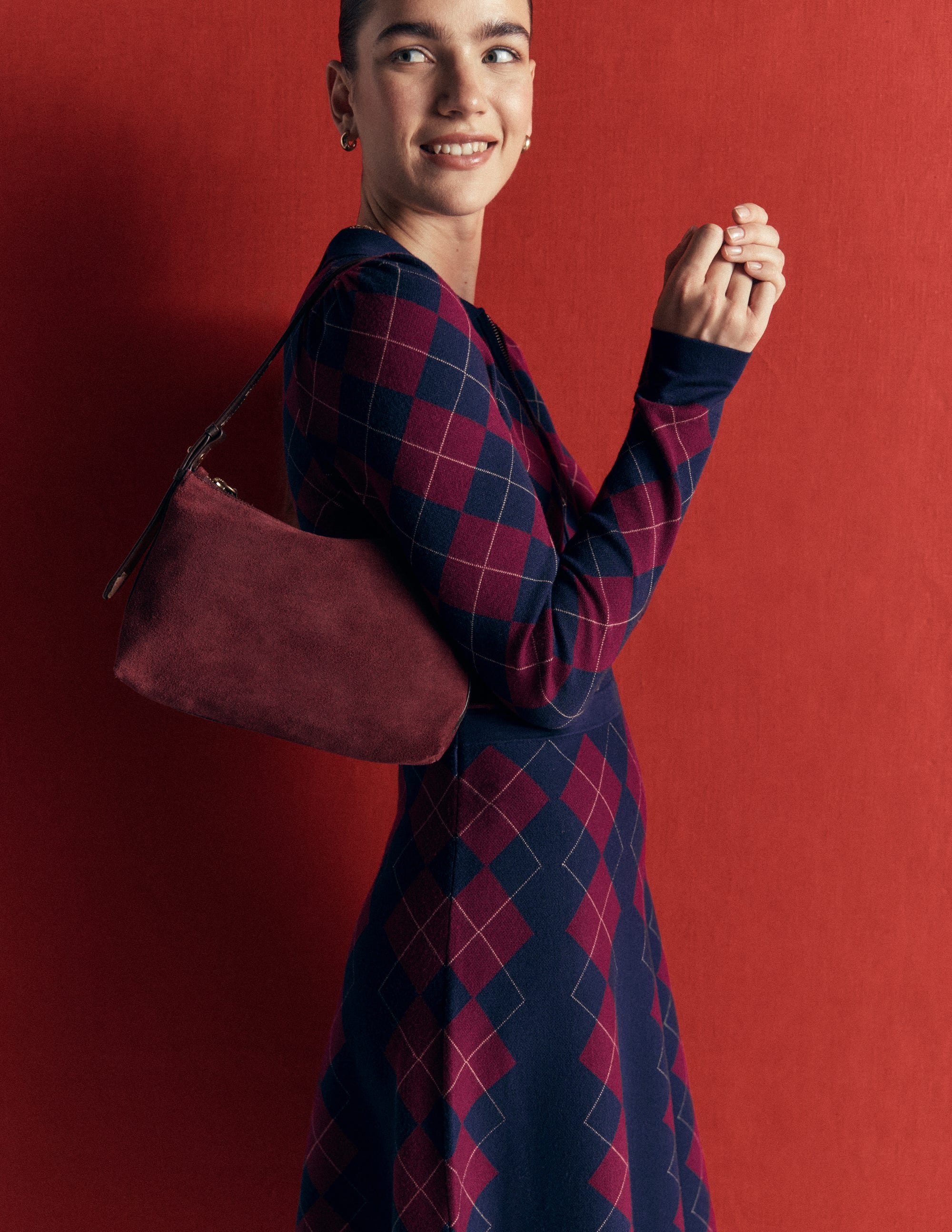 Fiona Strickkleid mit Reißverschluss vorn-Marineblau und Kastanienbraun Argyle - Image 3