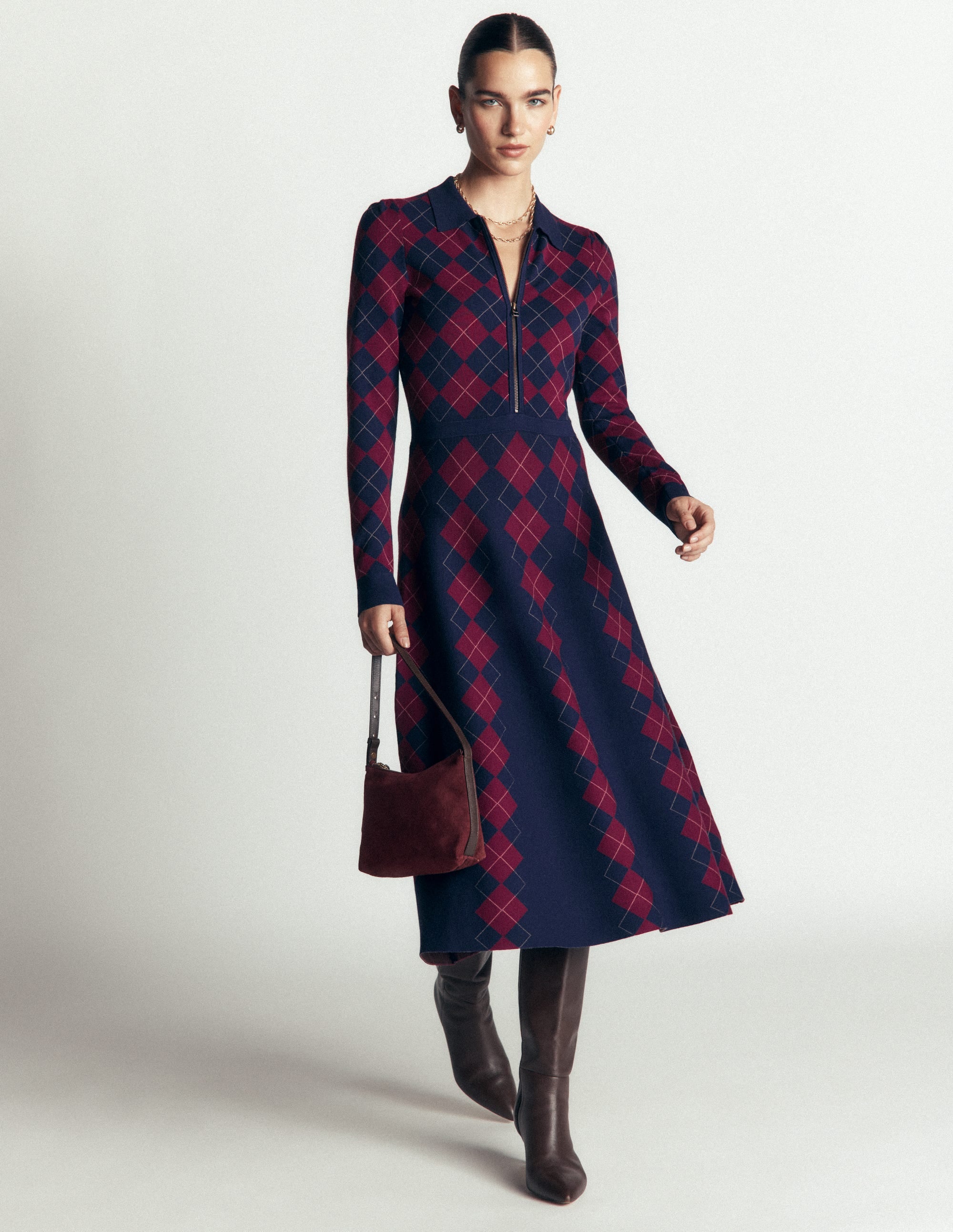 Fiona Strickkleid mit Reißverschluss vorn-Marineblau und Kastanienbraun Argyle - Image 5