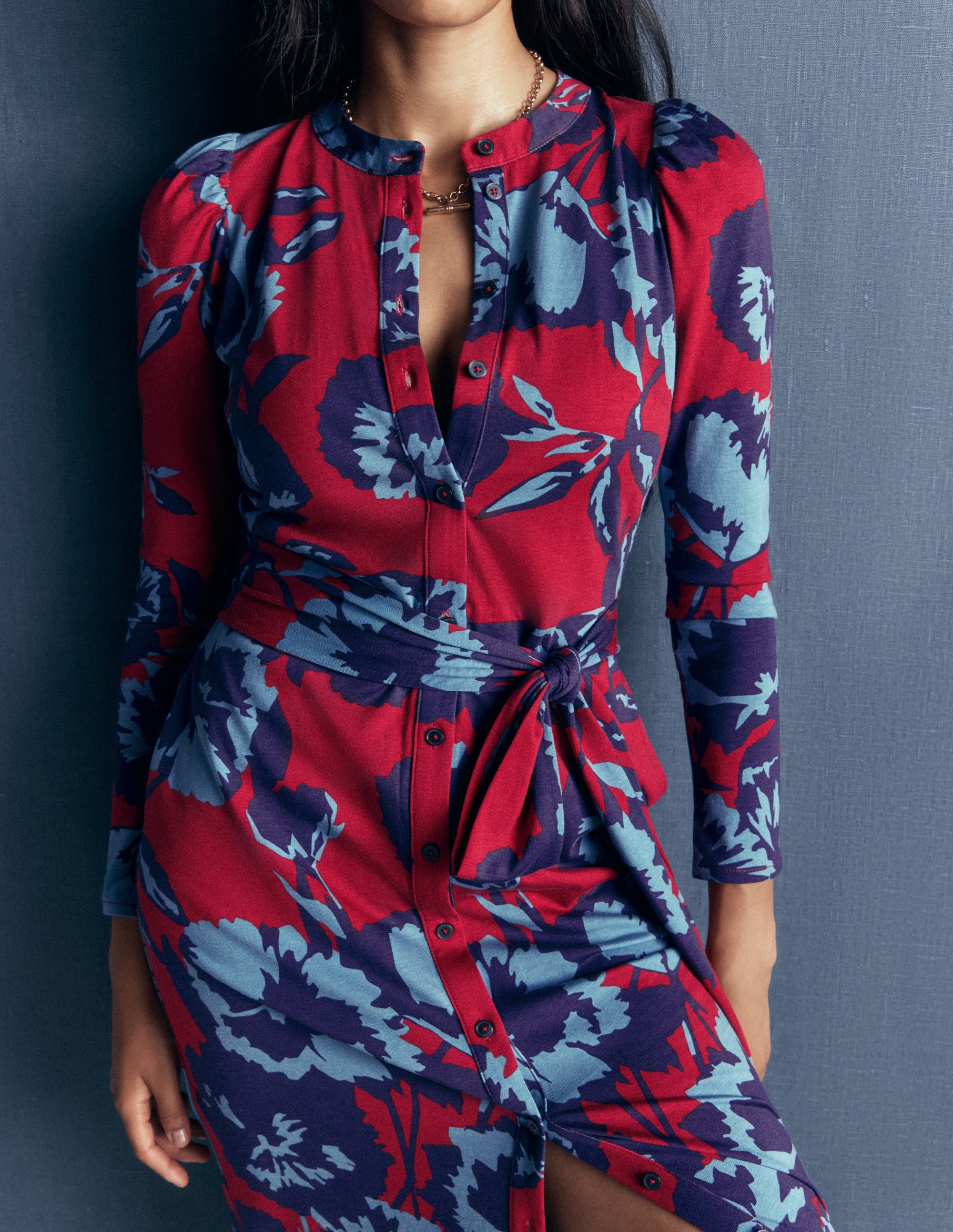 Robe midi colonne Honor en jersey-Rouge pourpre, motif Forest Breeze - Image 3