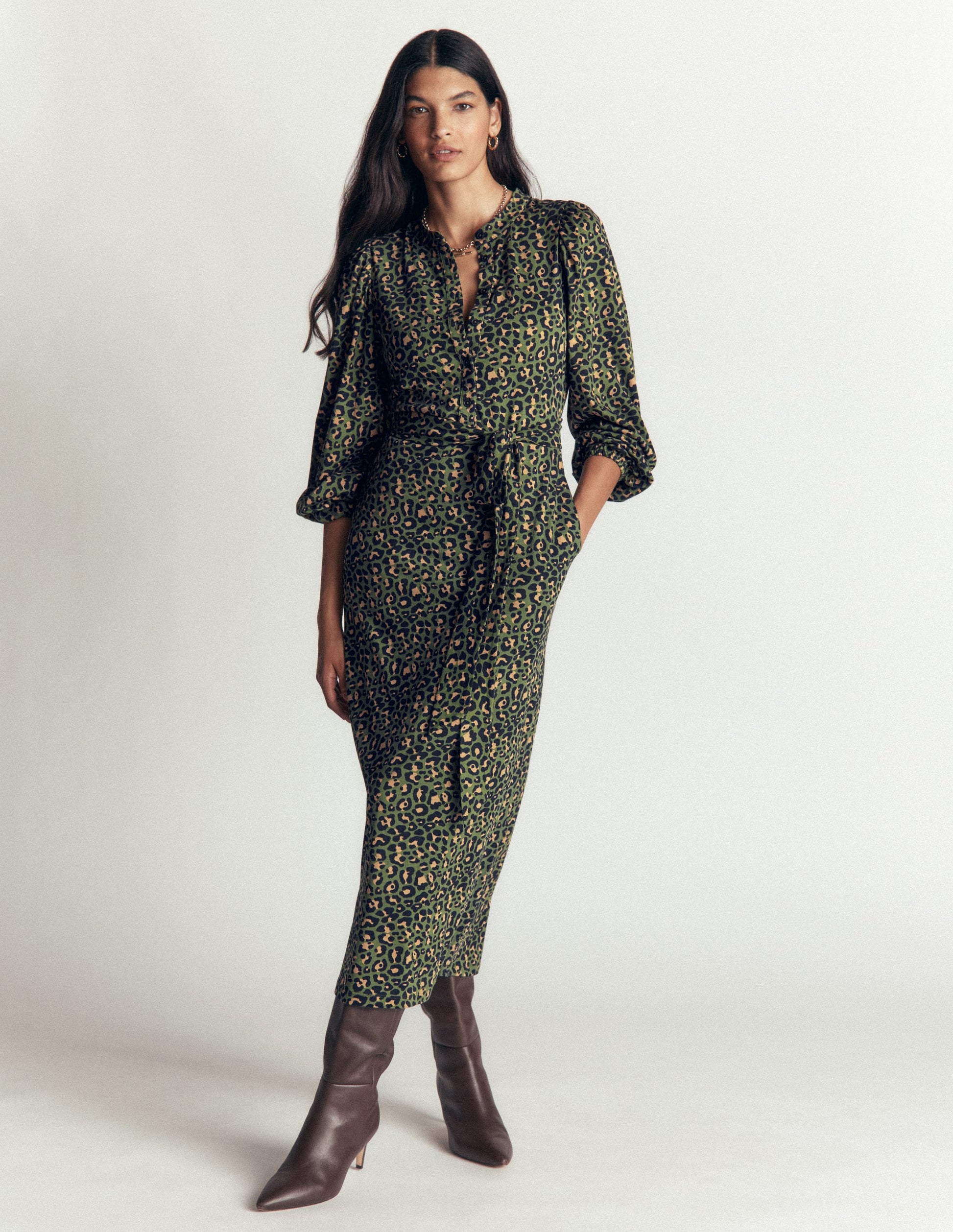 Robe midi Eli en jersey à ceinture-Vert Brunswick, léopard-1