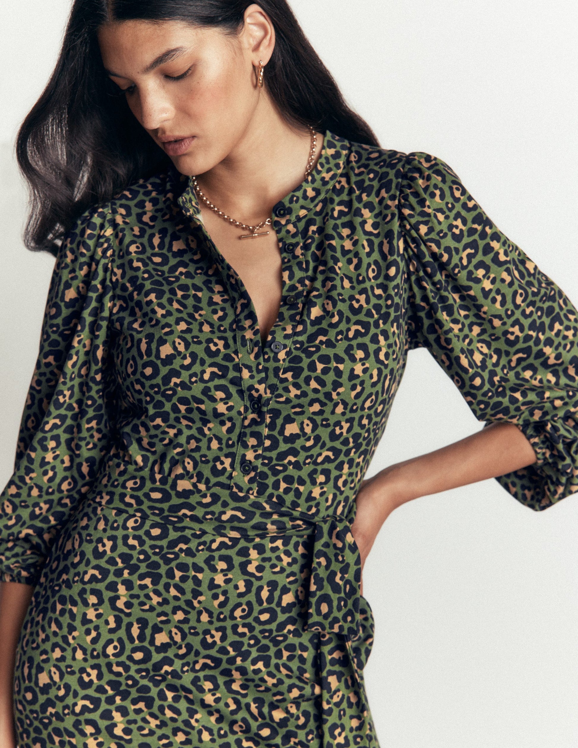 Robe midi Eli en jersey à ceinture-Vert Brunswick, léopard-2