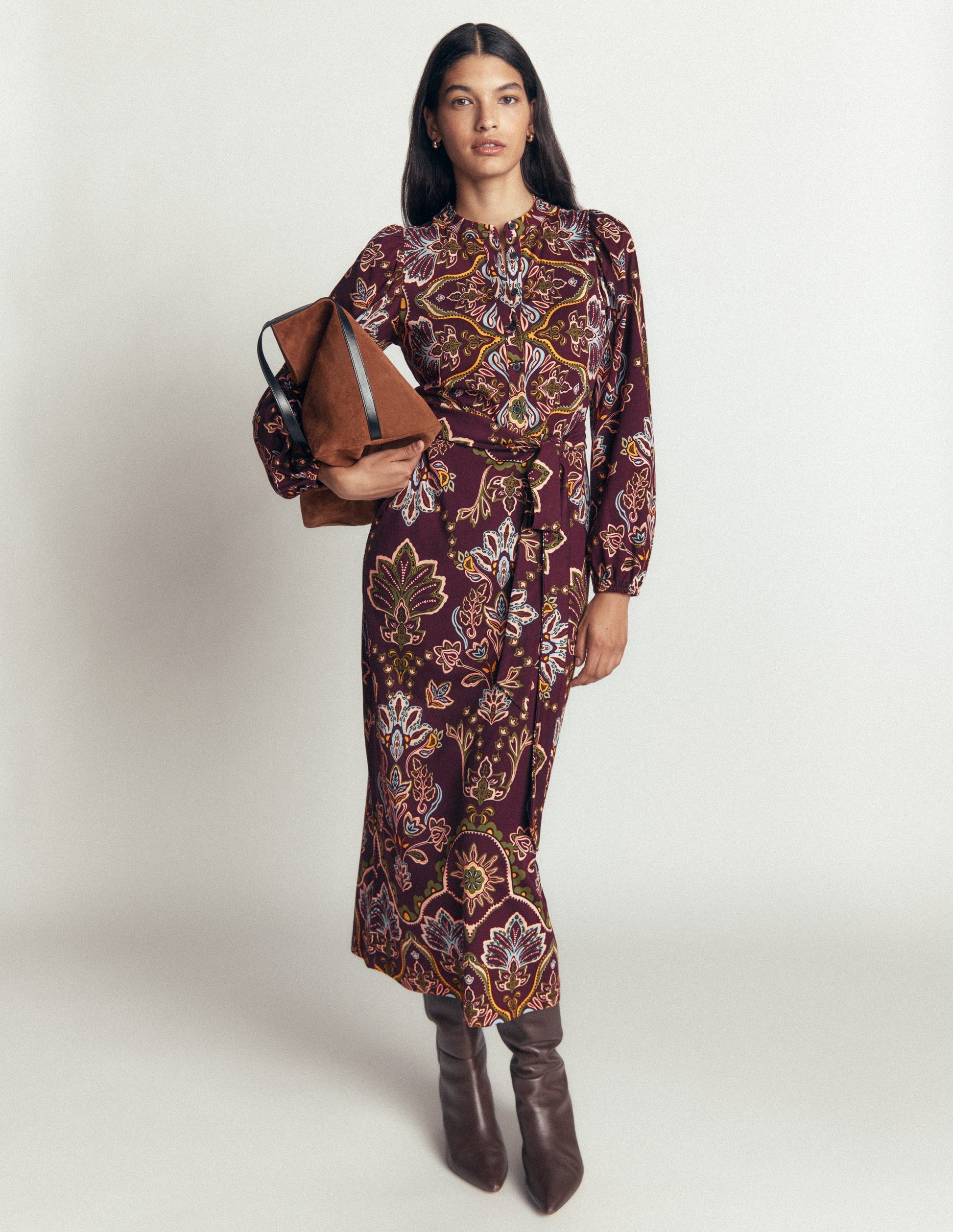 Robe midi Eli en jersey à ceinture-Cerise foncé, motif Enchanted Flora-5