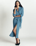 Gerafftes Jersey-Hemdblusenkleid-Graublau