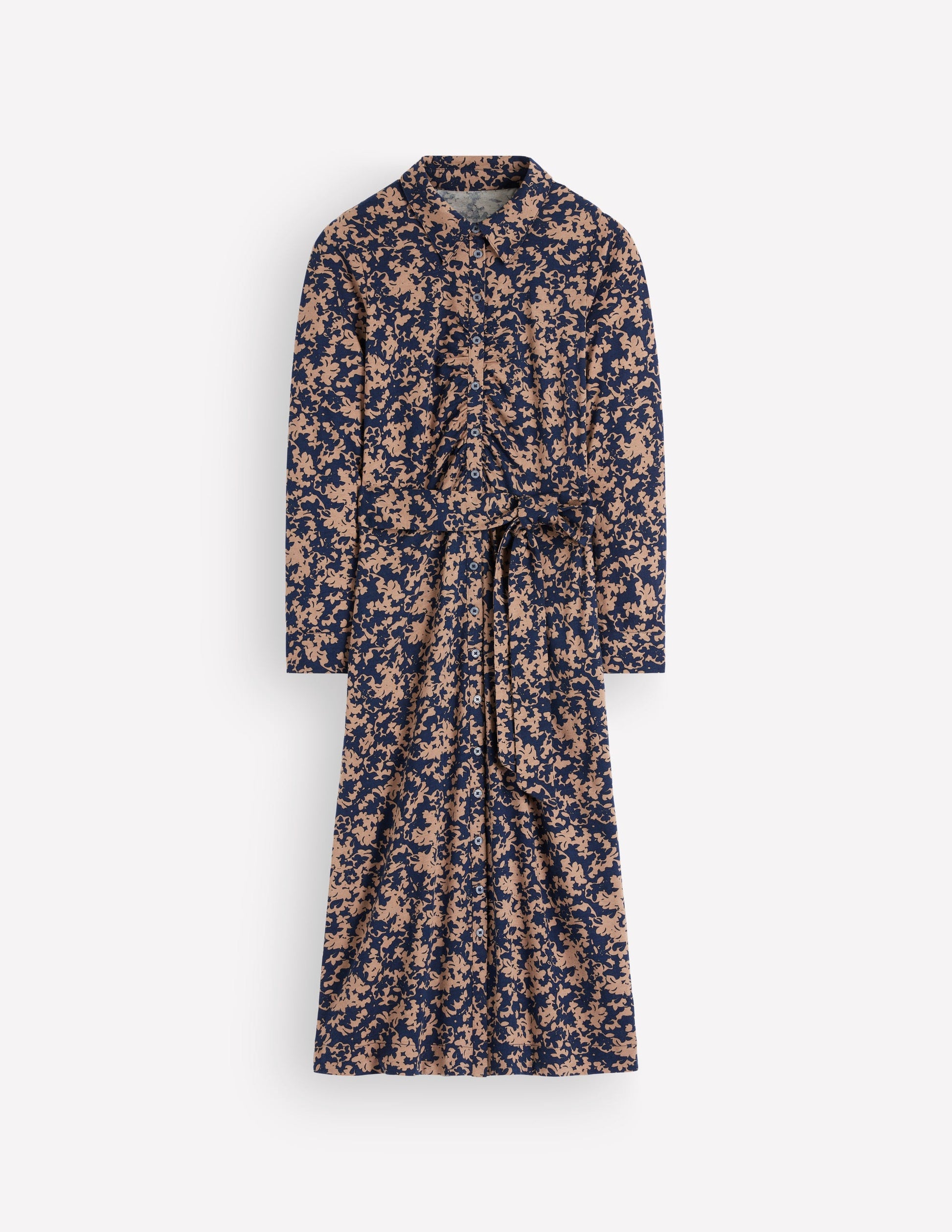 Gerafftes Jersey-Hemdblusenkleid-Kühler Kakao, Verteiltes Blattwerk-5