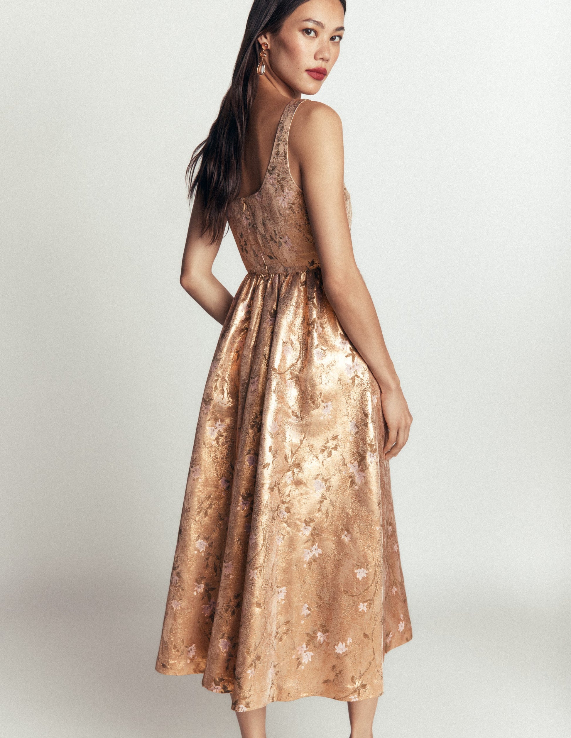 Ausgestelltes Kleid mit tiefem Rundhalsausschnitt-Gold, Jacquard-2