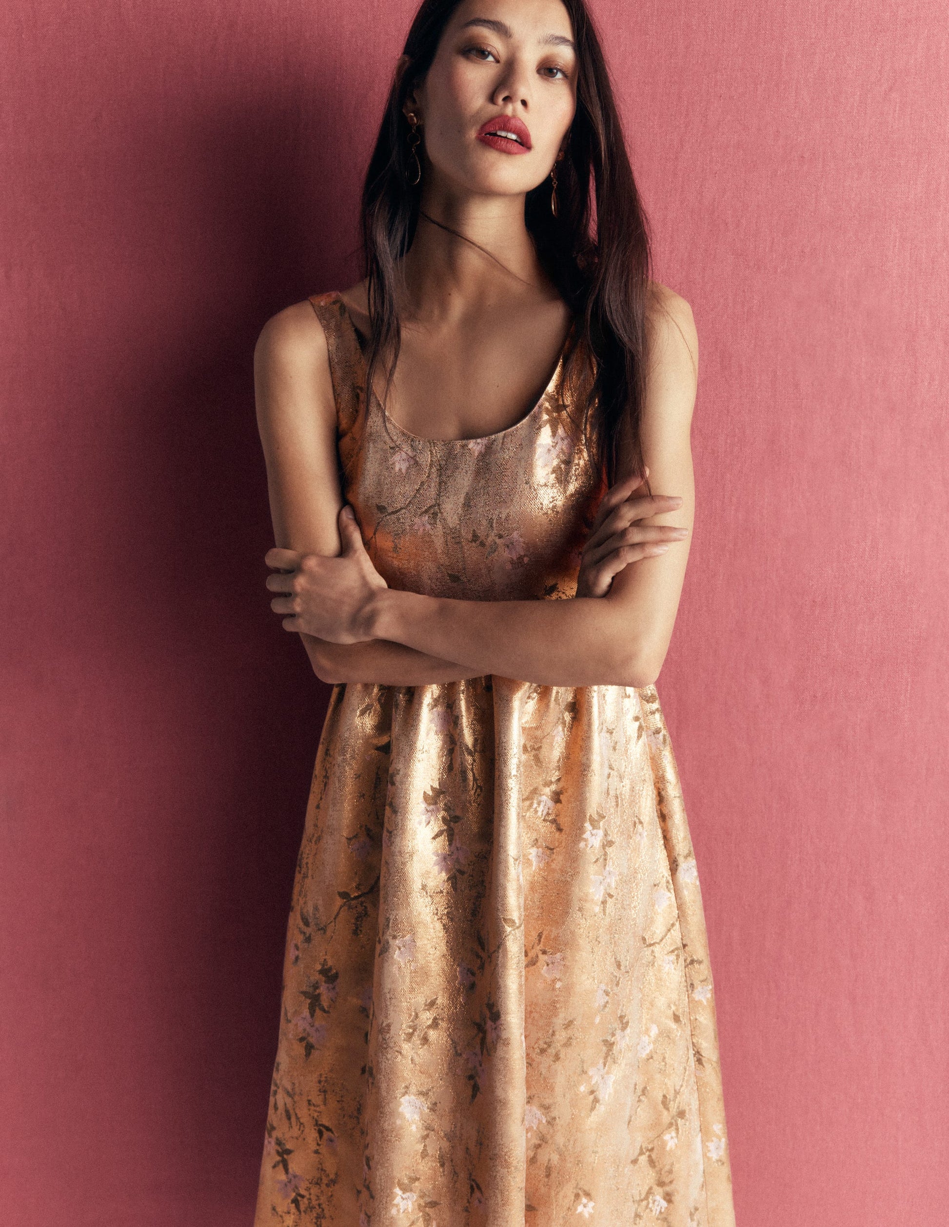 Ausgestelltes Kleid mit tiefem Rundhalsausschnitt-Gold, Jacquard-7