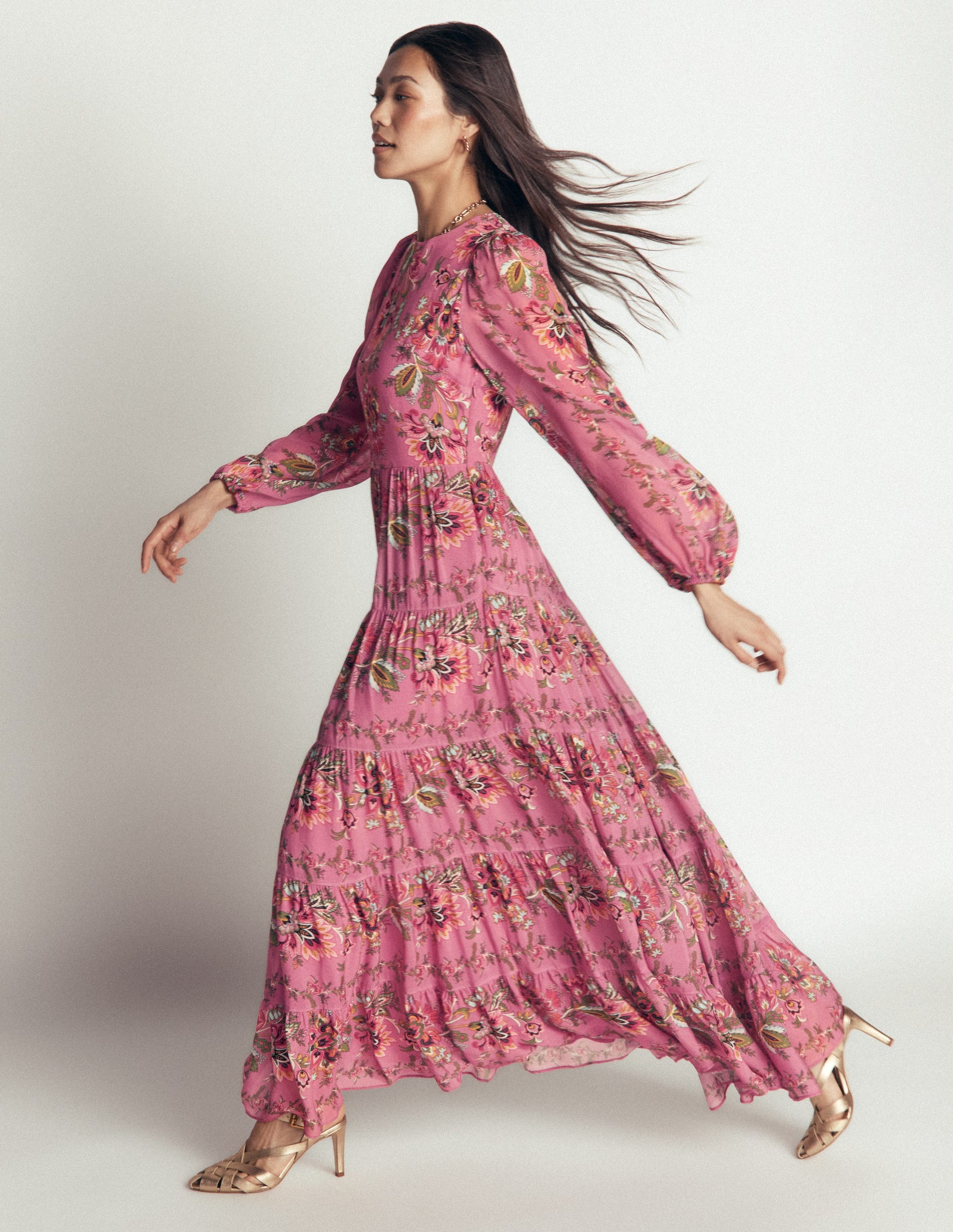 Buntes Maxikleid mit Stufen-Rosa Heidekraut, Gefrorenes Blumenmuster-3