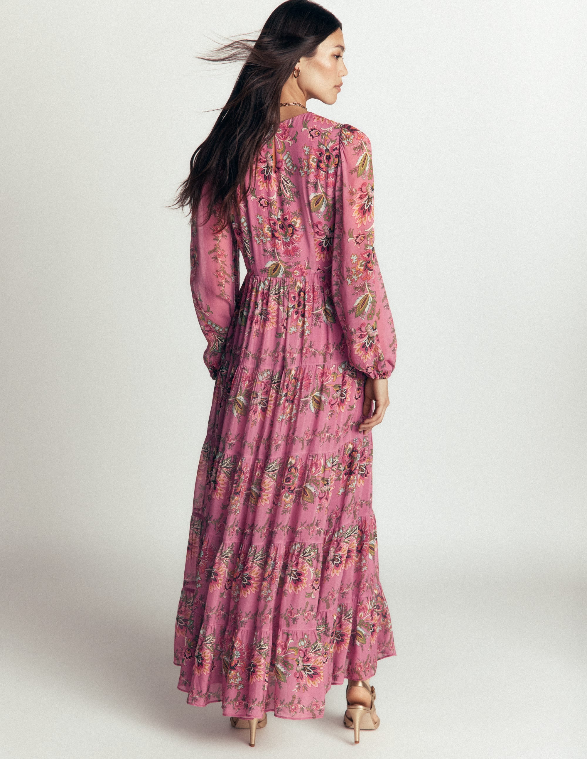 Buntes Maxikleid mit Stufen-Rosa Heidekraut, Gefrorenes Blumenmuster - Image 4