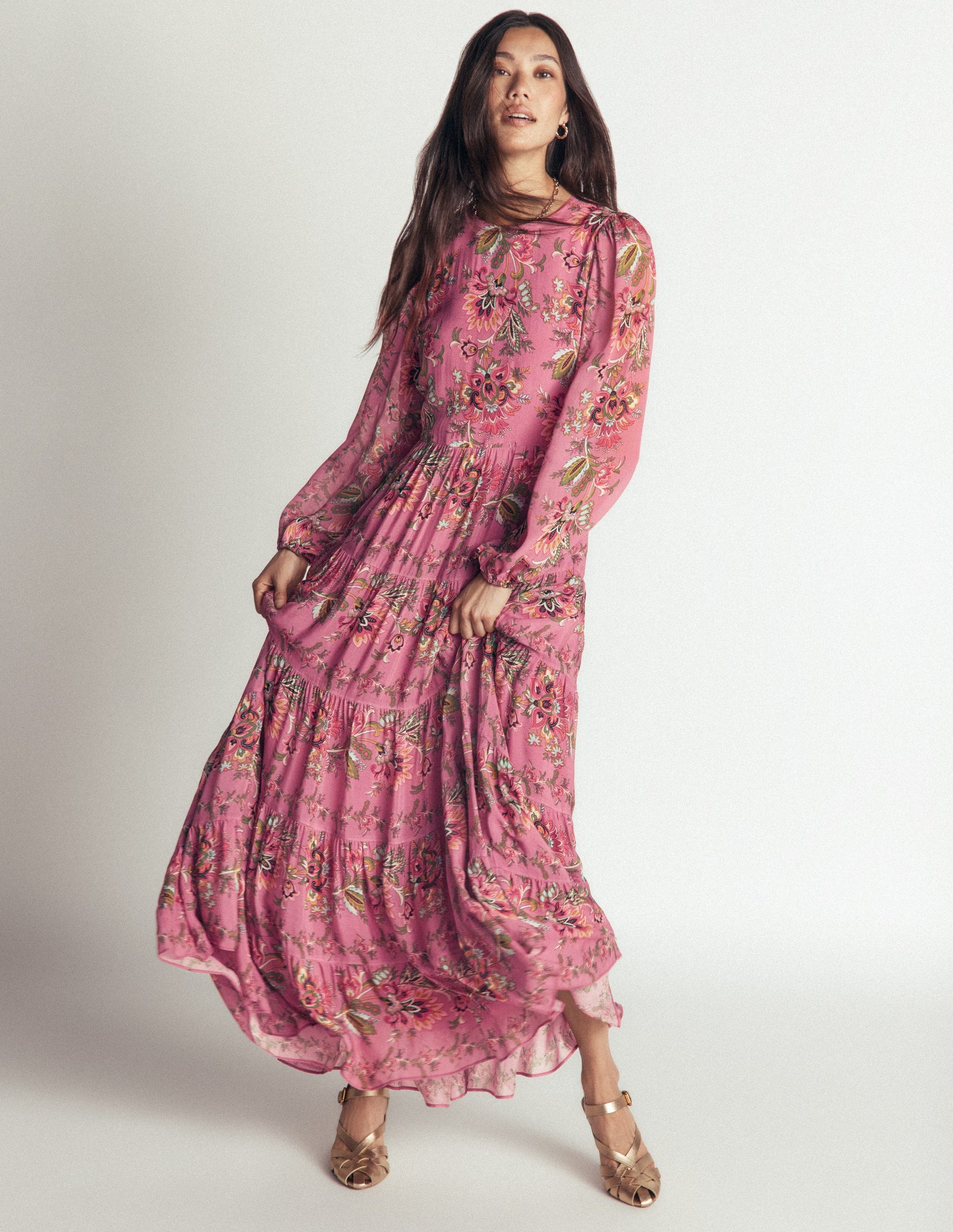 Buntes Maxikleid mit Stufen-Rosa Heidekraut, Gefrorenes Blumenmuster-6